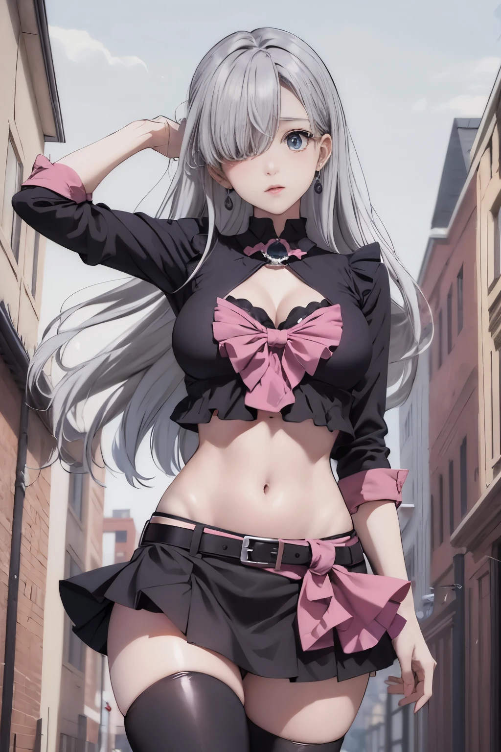 masterpiece, best quality, highres, Elizabeth, 1girl, jewelry, single thighhigh, silver hair, hair over one eye, midriff, black skirt, asymmetrical legwear, pink shirt, black thighhighs, belt, miniskirt , wind upskirt showing pantie , landscape, standing, standing, portrait,  