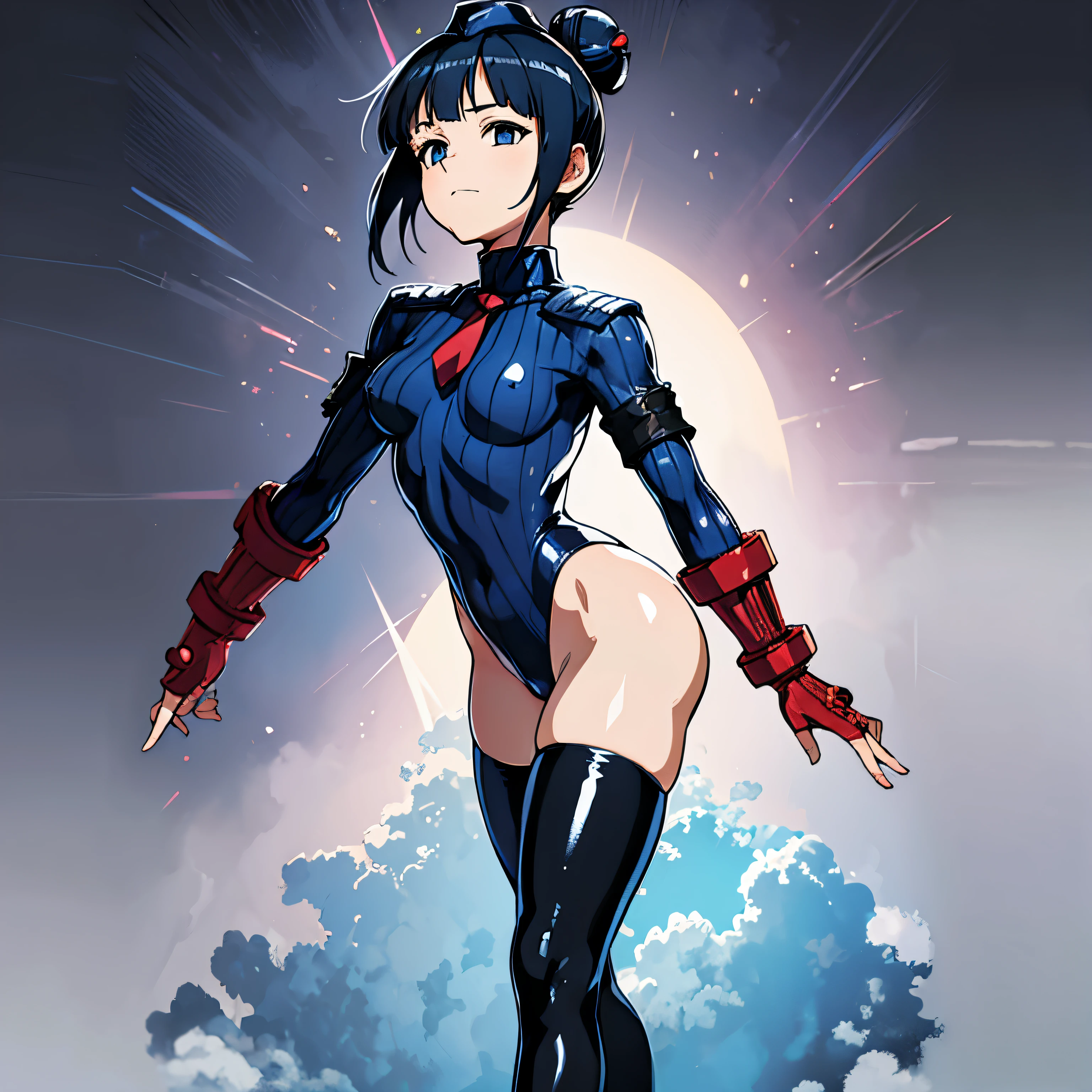 ultra-detailed, Explicit, Beautiful body, Beautiful Nose, Beautiful character design, perfect eyes, perfect face, ultra highres, 4K, beautiful legs, perfect legs, Nice hands, Perfect hand, Masterpiece, Best Quality, Highly detailed, illustration, absurdres, perfect anatomy, street fighter, doll suit, shadaloo doll, dollsuit, expressionless, blank eyes, looking at viewer, red gloves, emotionless, black latex, corruption, mind control, female combatant, full body, hypnotized, unhappy trance, full body suit, ribbed bodysuit, both arms at side, obey, perfect female body, extremely glossy latex, hypnosis, hypnoLora, empty eyes, Mind control device, poses, submissive_pose, Slave, standing straight, standing, standing at attention, hat, necktie, belt, latex, ribbed bodysuit, thigh Highs, garter belt, Fighting Stance, extending the right arm from the shoulder into the air with a straightened hand, military, thigh boots, black pantyhose, (((pixel-perfect, detail-perfect))), solo, 1girl, hair ornaments, short hair, blue hair, blue eyes, flat breast, Kunoichi Mokuren, hair bun, hair stick