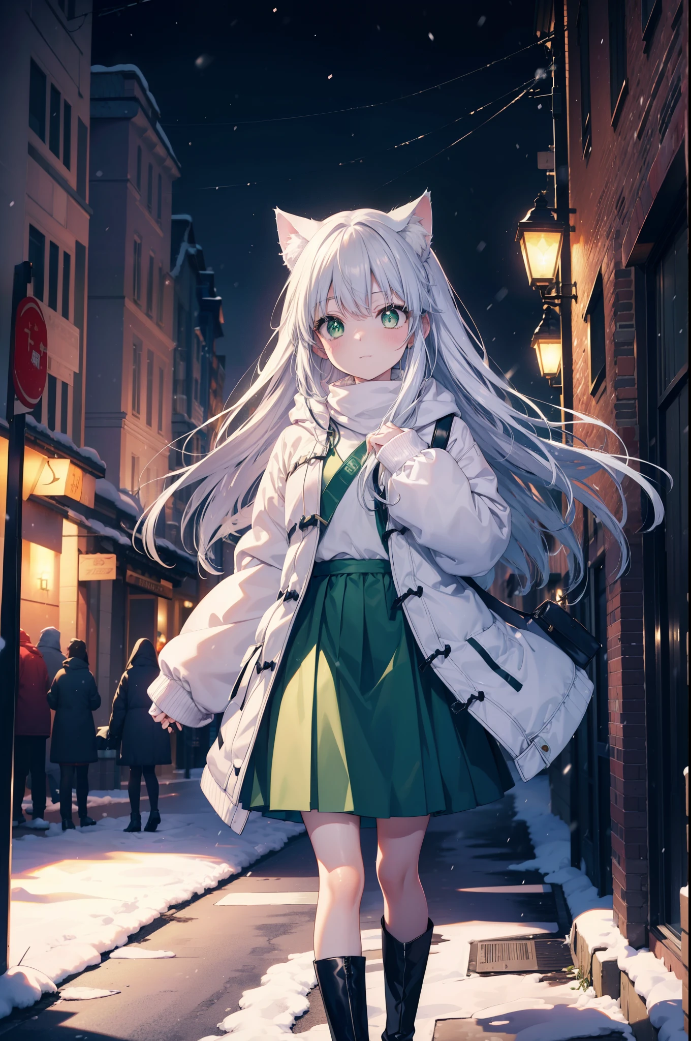 index, index, (green eyes:1.5), silver hair, long hair, (flat chest:1.2),animal ears　Cat ear,Animal tail　cat tail,blush,smile,open your mouth,illumination,A large Christmas tree is placed in the middle of the road.,gray handbag,yellow long coat, white hoodie, black long skirt,black pantyhose,Mini Boots,white christmas,winter,night,cold sky,It&#39;s snowing,snow is falling,
break looking at viewer, Upper body, whole body,
break outdoors, In town,building street,
break (masterpiece:1.2), highest quality, High resolution, unity 8k wallpaper, (figure:0.8), (beautiful deしっぽed eyes:1.6), extremely deしっぽed face, perfect lighting, extremely deしっぽed CG, (perfect hands, perfect anatomy),