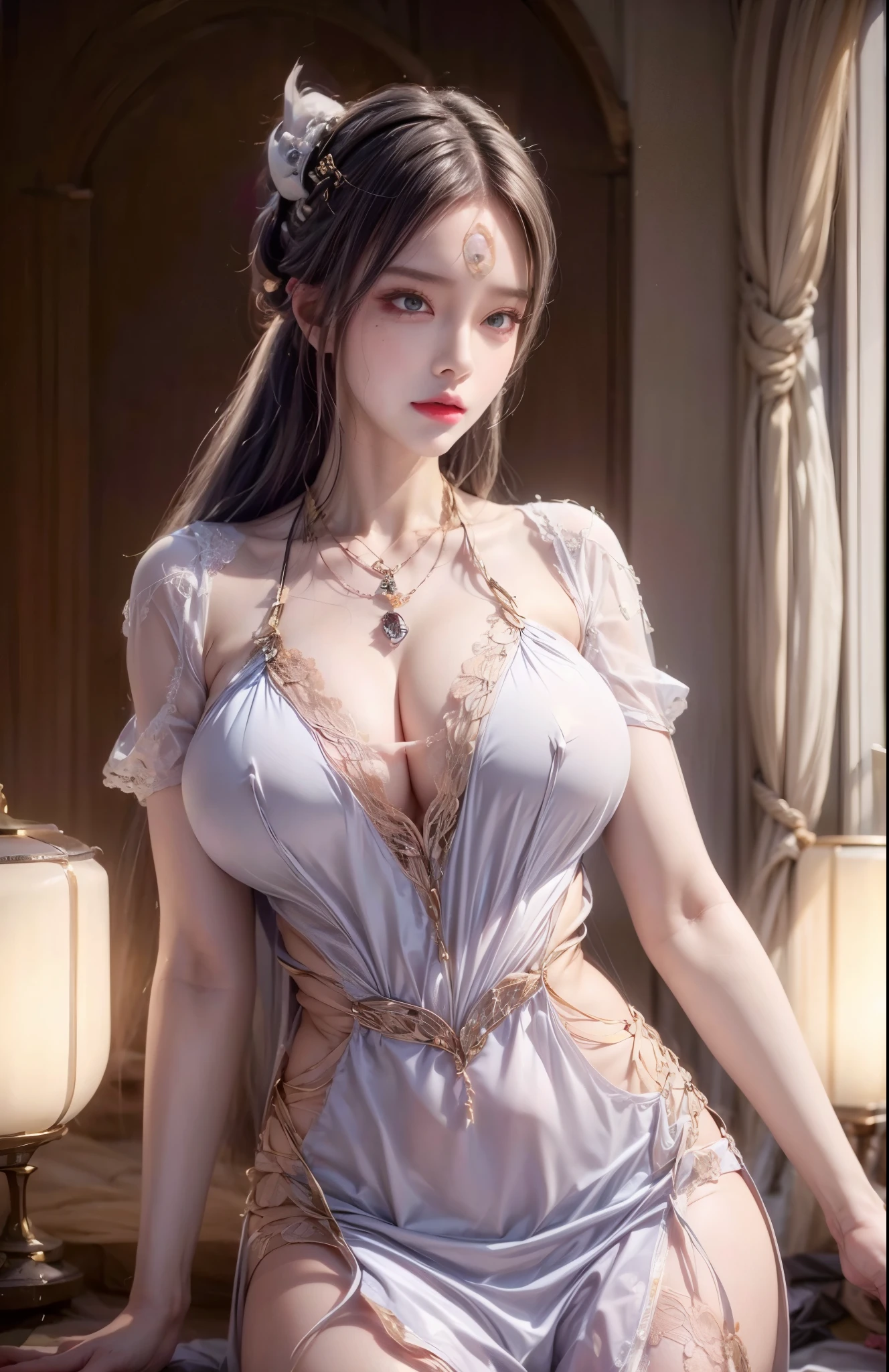 realistic, 1 women, best quality, 12k, HD, long hair, big round breasts, cleavage, ponytail, necklace, jewelry, shorts, short jacket, slim hips, hair tie, yellow eyes, black hair, super detailed, Eye details, hair details, person details, mouth details, face details, breast details, clothes details, hair details, pants details, hand details, whole body