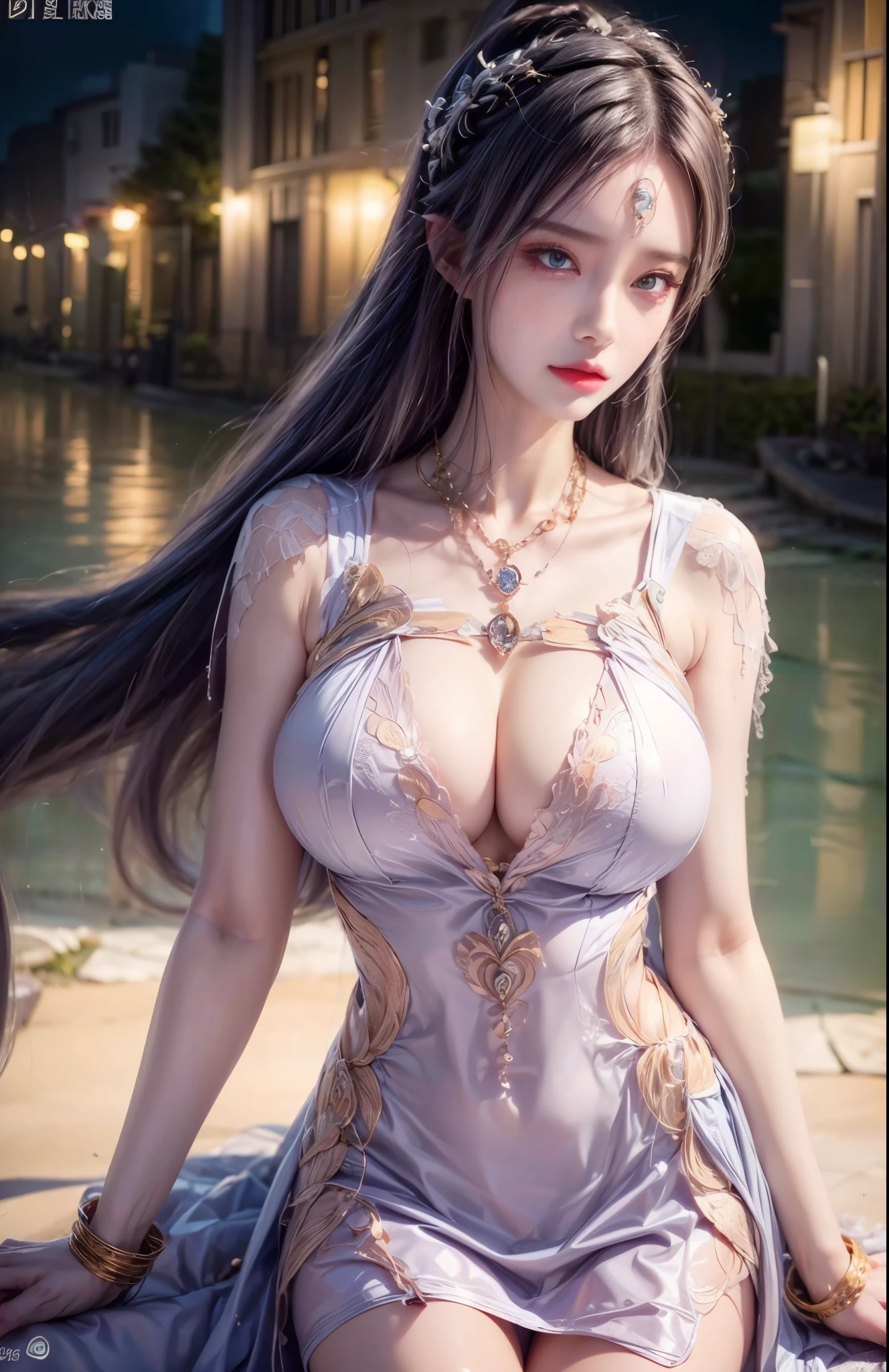 realistic, 1 women, best quality, 12k, HD, long hair, big round breasts, cleavage, ponytail, necklace, jewelry, shorts, short jacket, slim hips, hair tie, yellow eyes, black hair, super detailed, Eye details, hair details, person details, mouth details, face details, breast details, clothes details, hair details, pants details, hand details, whole body