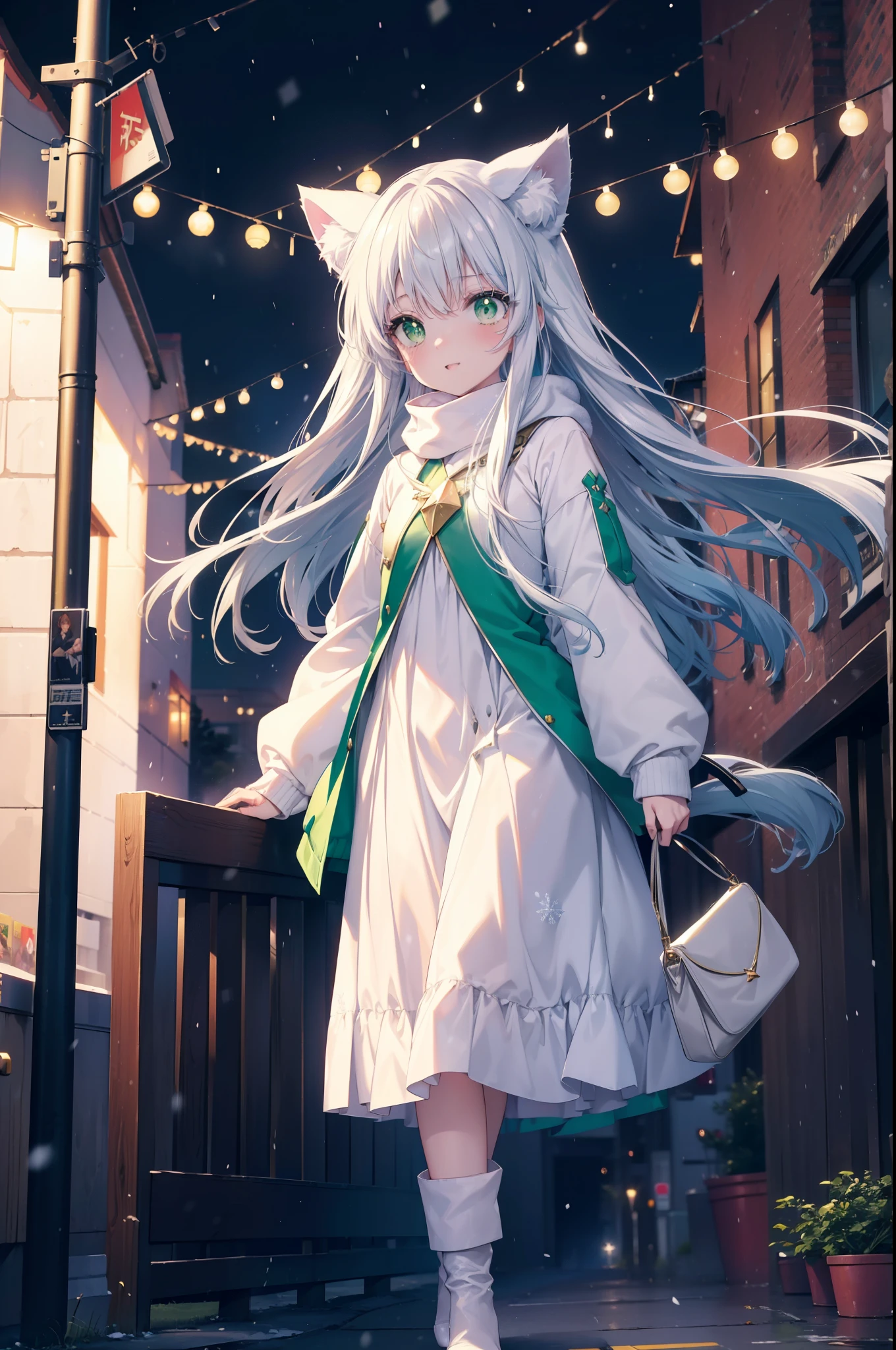 index, index, (green eyes:1.5), silver hair, long hair, (flat chest:1.2),animal ears　Cat ear,Animal tail　cat tail,blush,smile,open your mouth,illumination,A large Christmas tree is placed in the middle of the road.,gray handbag,yellow long coat, white hoodie, black long skirt,black pantyhose,Mini Boots,white christmas,winter,night,cold sky,It&#39;s snowing,snow is falling,
break looking at viewer, Upper body, whole body,
break outdoors, In town,building street,
break (masterpiece:1.2), highest quality, High resolution, unity 8k wallpaper, (figure:0.8), (beautiful deしっぽed eyes:1.6), extremely deしっぽed face, perfect lighting, extremely deしっぽed CG, (perfect hands, perfect anatomy),