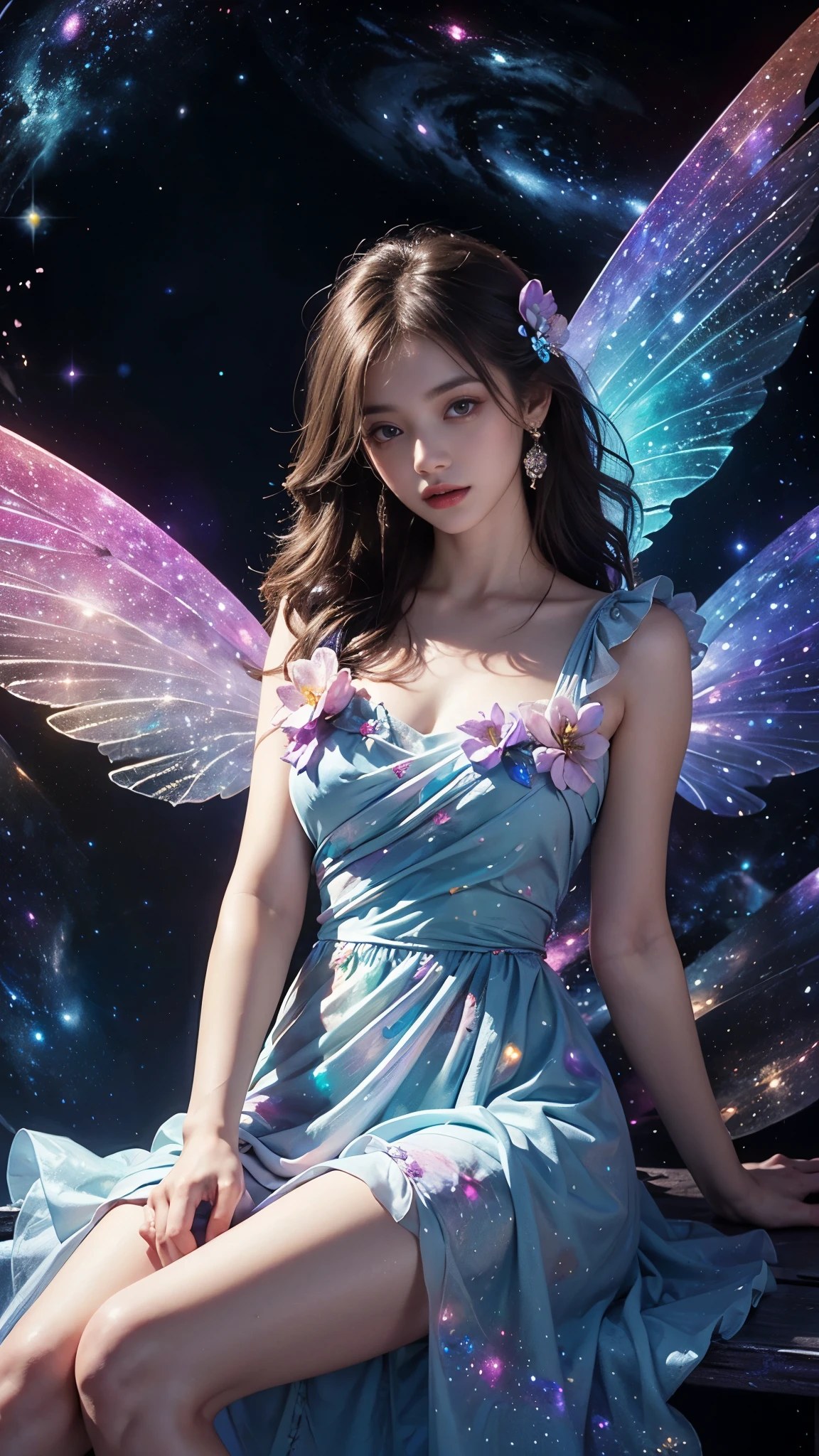 4k ultra hd, masterpiece, a girl, good face, detailed eyes, detailed lips, flower fairy girl, big wings, transparent wings, neon lights, (galaxy background:1.5), (flower dress:1.5), (blue dress:1.4), in the heaven, sitting on the unicon,