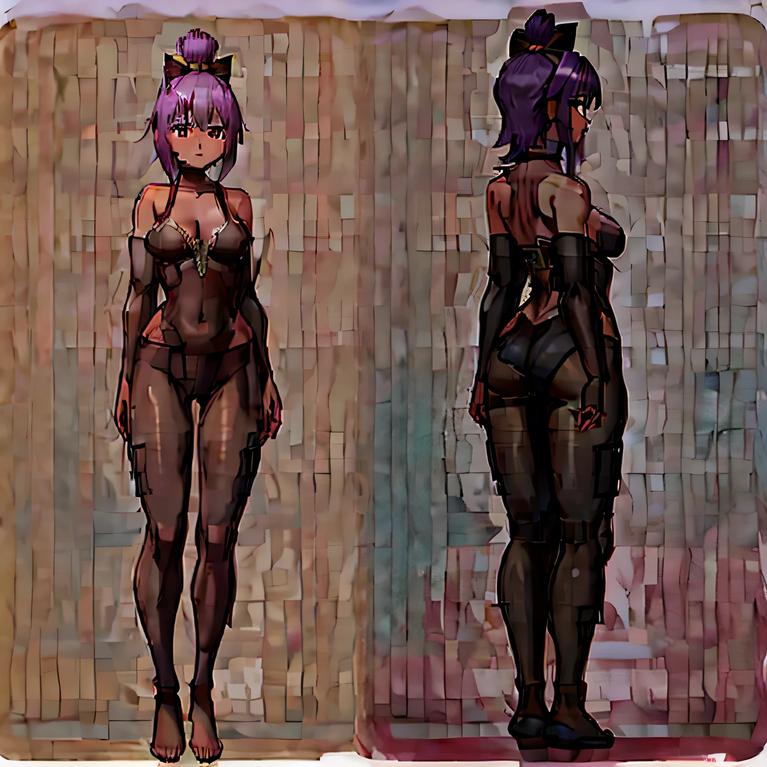 (Woman) (fantasty character) (amazon) (barefoot) purple hair 