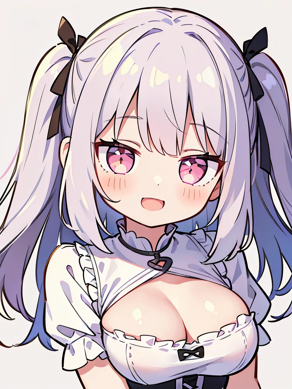 Pueros face_V1:0.24, highest quality, realistic, 8K, High resolution, 1 girl, girl, (skin dents), (portrait), ((simple background:1.62)), full color, ((big round breasts,exposed chest,frills)), look straight at the viewer:1.8, (1 girl eyes looking at viewer:1.55), (Long-length hair, silver hair, two side up,straight bangs:1.45,pink eyes), (Bokeh),looking at the viewer,open mouth smile,Shining eyes,cute pose,sparkling eyes,Super high quality,dynamic pose,date situation