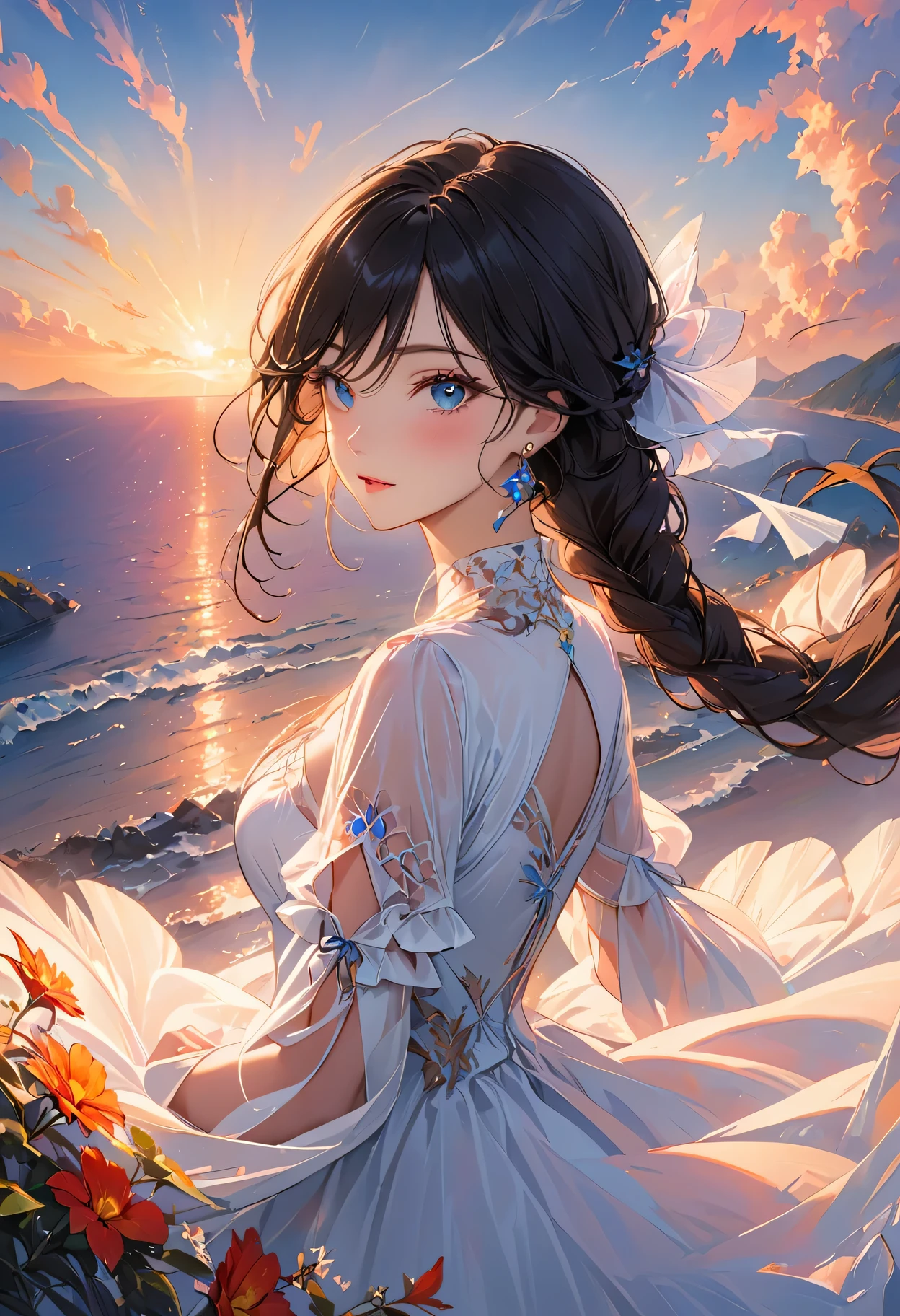 1 female, black hair, blue pupils, delicate face, Lovely, earrings, white dress, playful, ultra high definition, masterpiece, best quality, Super details, precise,evening,Colorful sunset