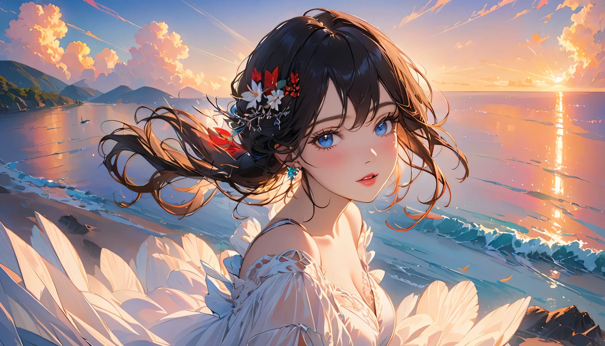 1 female, black hair, blue pupils, delicate face, Lovely, earrings, white dress, playful, ultra high definition, masterpiece, best quality, Super details, precise,evening,Colorful sunset