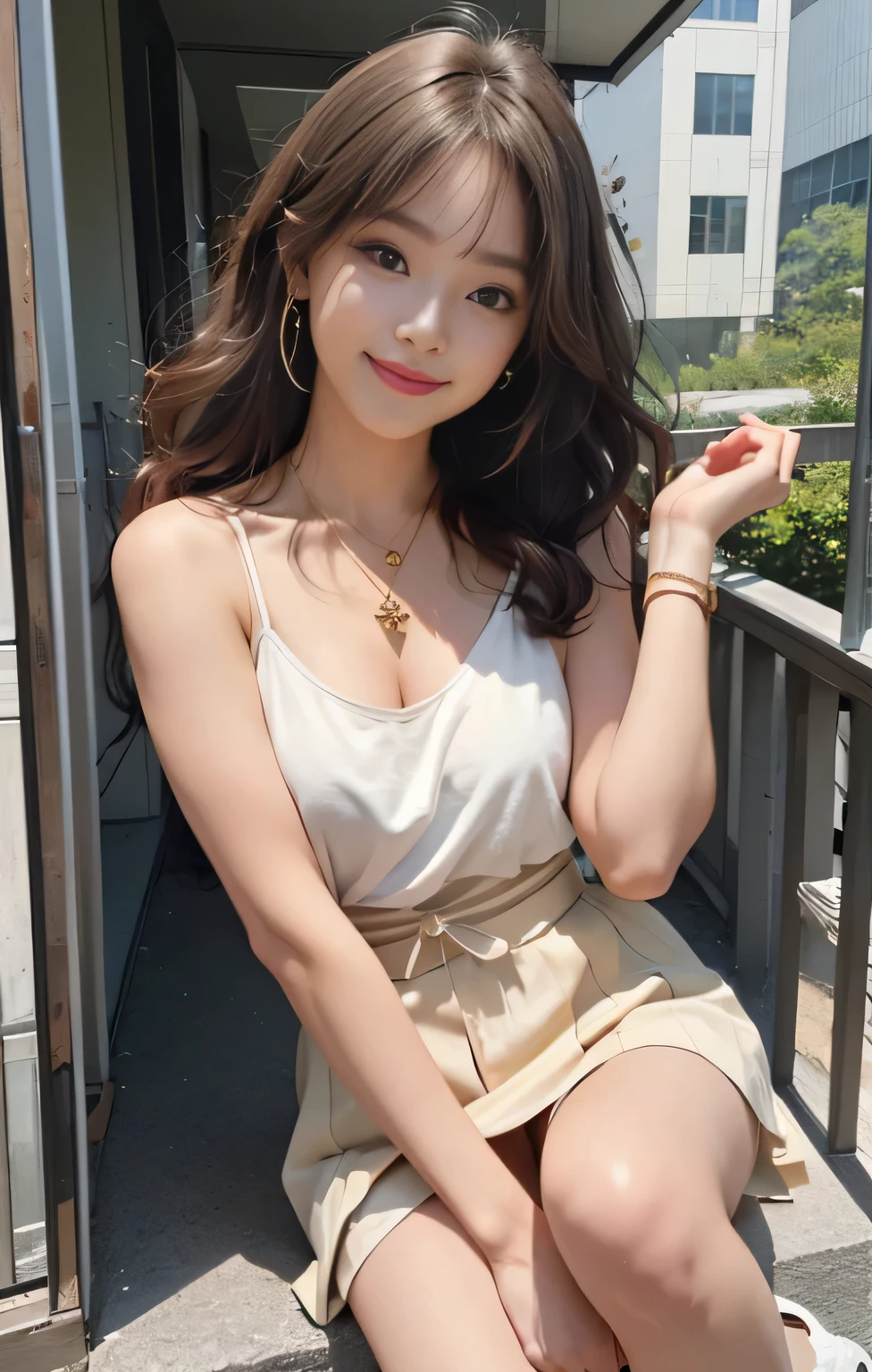 highest quality、masterpiece、ultra high resolution、Photoreal、Raw photo、1 girl、sexy look、shoulder hair、The bottom half is curled and sauvage、cute smile like a model、frontage、hair color is blonde、yellow tight mini skirt、normal high heels、eyes are double、wear mascara、Cute pose like a model、cute face、Gorgeous like a model、ultimate beauty、cute smile、bright smile、Masseter muscle part、highest quality、Fukuoka/Tenjin cityscape、She wears a 10g pure gold pendant top necklace around her neck.、sunny day、photo shoot、sexy、embarrassing smile、perfect eyes and nose