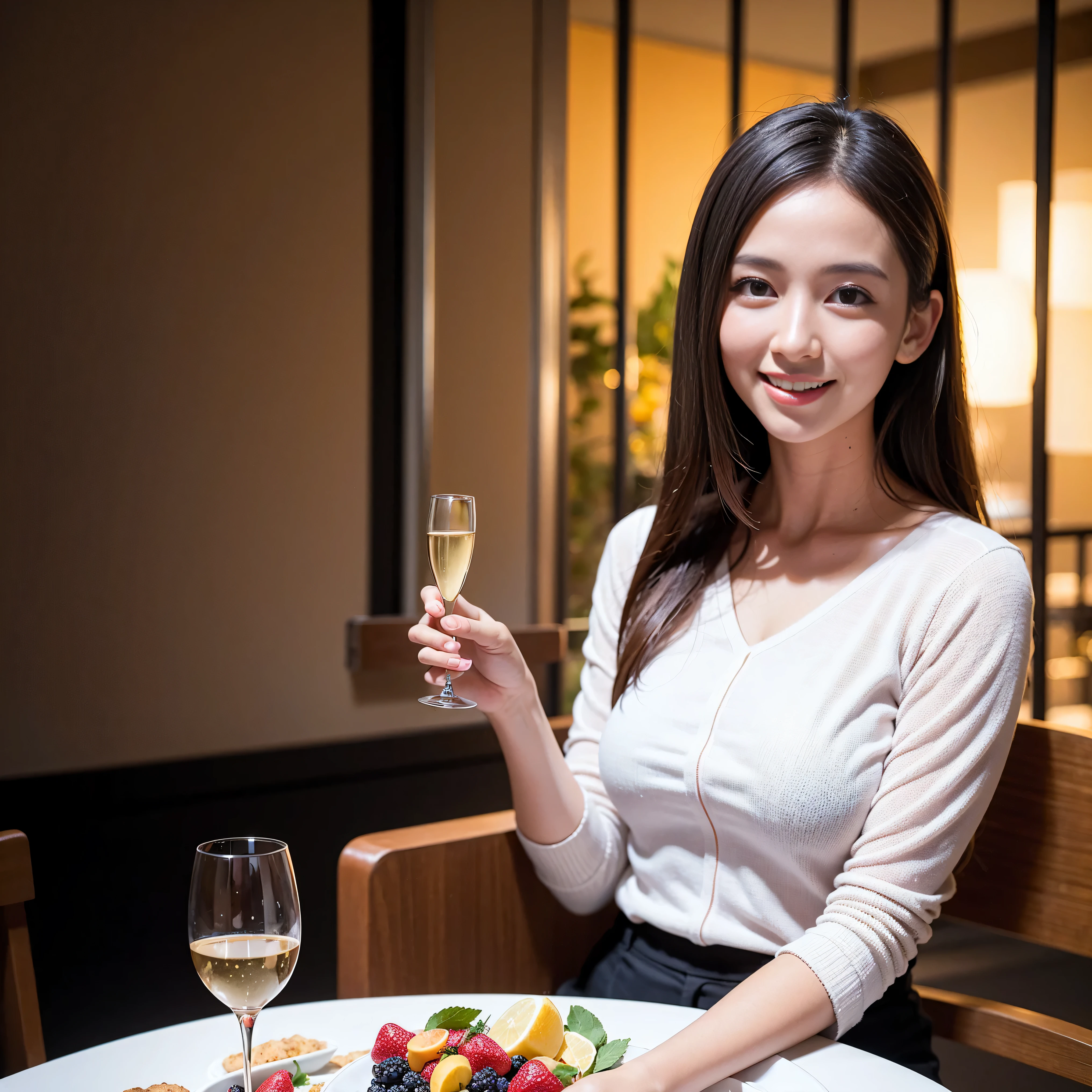 K, Hmm, highest quality, masterpiece: 1.2), (realistic, photorealistic: 1.37), Spectacular view of the sunset sky and clouds、Amazing mountain views、3 slim beauties, (slim face),Happy、 the best smile、Fox face、Berry Short、(because I'thin), (brown hair), (shortcut), long sleeve shirt、winter fashion、Colombian、Brazilian、Japanese、Dutch、German、Portuguese、Belgian、Italian、French,Champagne、sparkling wine、 (Squirting), (slim body), (brown hair), (shortcut), neat beauty、cheeks turn a little red, (35 years old), 38 years old, alone, A beautiful and detailed night view spreads out outside the window......., restaurant, wine glass is sitting, At night, in a prominent place (from the Upper body) nova frog style, actress, model, Upper body, White wine, slim, wine glass, Very beautiful night view, wine glass Put in the Middle, Happy smile, (smile: 1.15),