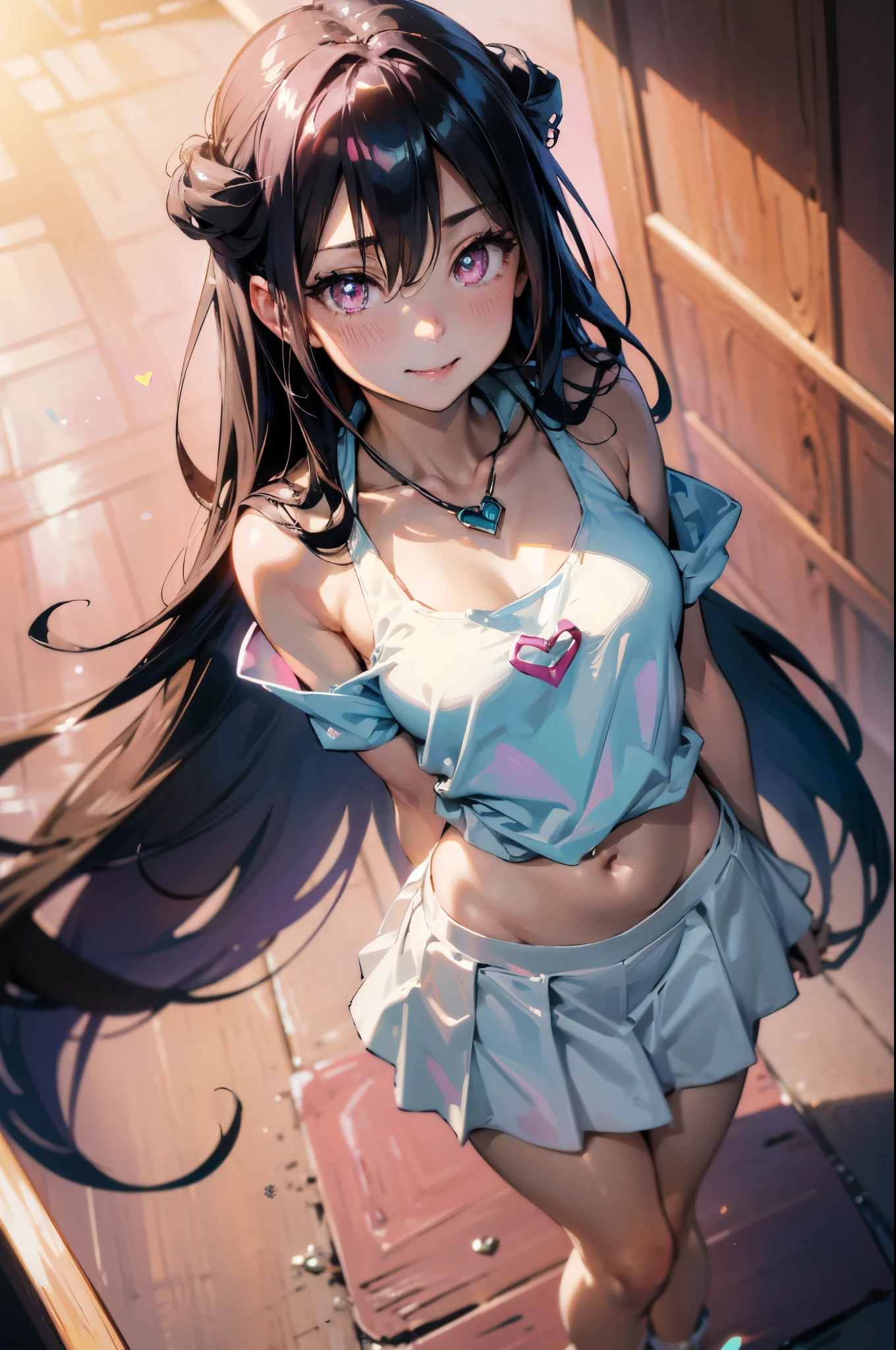 (masterpiece, high quality, high resolution,Highest quality), (works of masters),(pink theme :1.2),indoors,Simple background,blurred background,warm light,Heart, [(White background:1.2)::5],(from above:1.05),whole body, (1 rai:1.1),eye fence,alone,clavicle, necklace,decoration,(blush:0.6), (Heart ahoge:0.9),tease, (cosmetic:0.5), small breasts, (head tilt:0.75),Double tail, bare shoulders, shiny skin, shiny hair,long hair, Smile, fangs,light Smile, miniskirt, naughty face,(Heart-shaped pupils,bright pupils:1.1), 