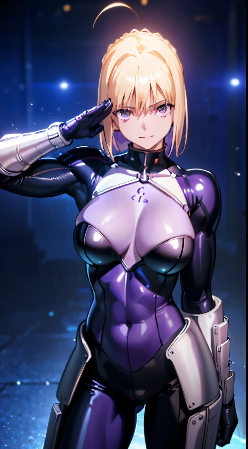 "(masterpiece、premium quality:1.2)、alone、1 girl(muscular woman、white skin、Soft big breasts、happy face)、cowboy shot、look at the audience、combat readiness、tight clothes、tight suit、hero suit、body suit、trained abdominal muscles、trained biceps、{1 girl},{{{{{table top++, highest quality++, super detailed+, 超A high resolution,(realistic:1.4)cowboy shot,Mash Kyrielight, (destiny)RAW photo,((Girl in black latex full body suit 1.4)),so beautiful, highest quality, absurd, 1 girl, brainwashed,}}}}, {type moon style},((purple glowing eyes 1.2)), (huge breasts:1.u can clearly see the shape of、(The shape of the genitals is clearly visible))No expression, Research room, Room of Darkness, (neon light:1.2), (night:1.5), stand up and salute