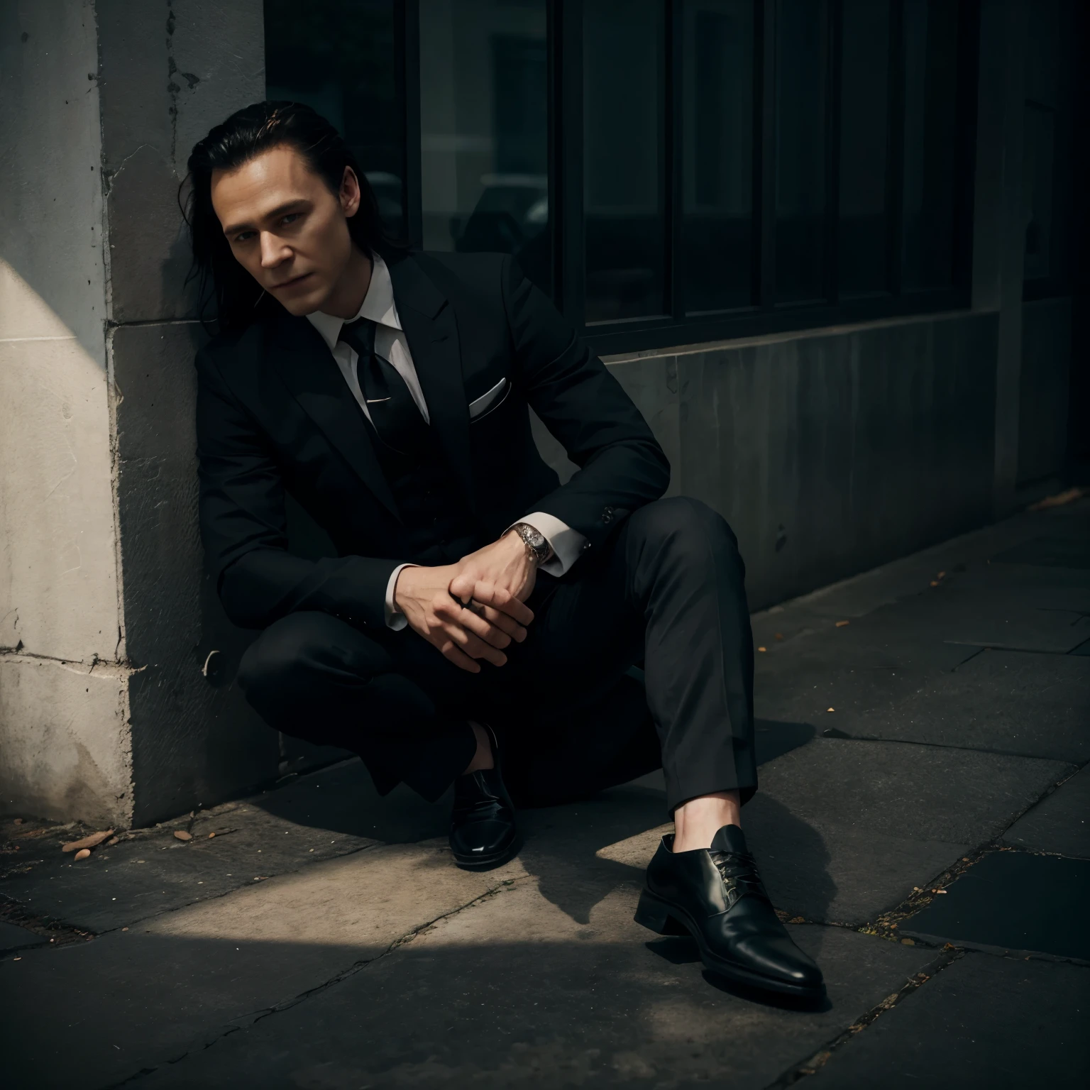 Loki Laufeyson wearing a black suit, with a tie, jacket, shirt, pants and elegant black shoes.