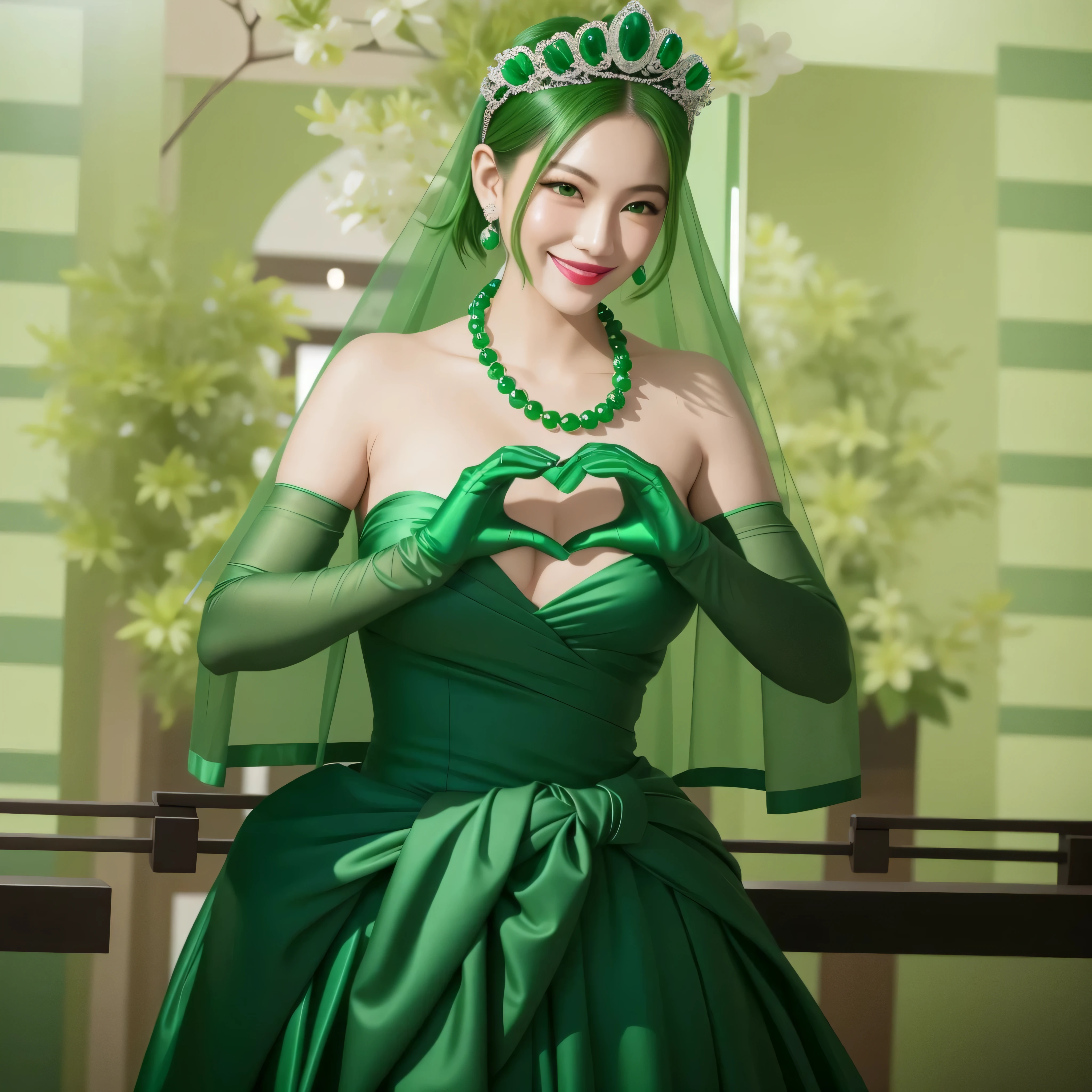 emerald tiara, green pearl necklace, boyish very short green hair, green lips, smiling Japanese woman, very short hair, Beautiful woman with big breasts, green eyes, green satin long gloves, green eyes, emerald earrings, green veil, Heart with both hands, green hair, beautiful japanese woman, heart shaped hands:1.3, green lip gloss