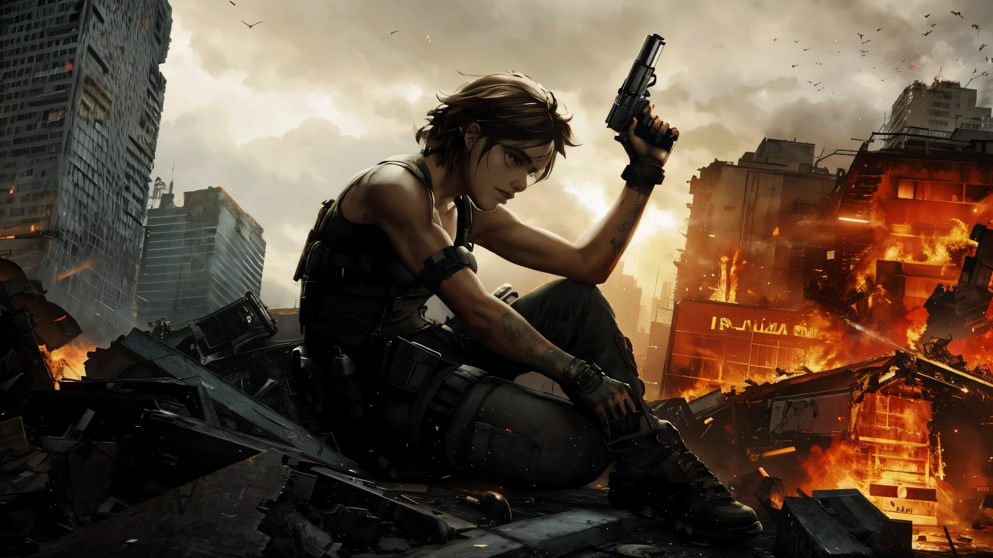 resident Evil movie poster with a woman holding a gun, Destroyed city in the background, resident Evil, background of resident Evil game, ( apocalyptic ) 8k, apocalyptic 8k, apocalyptic 8k, Dismantled, em uma paisagem urbana arruinada, Emma Watson plays Lara Croft, resident Evil inspired, Kate Beckinsale dressed as a thief, Action movies, antoine collignon