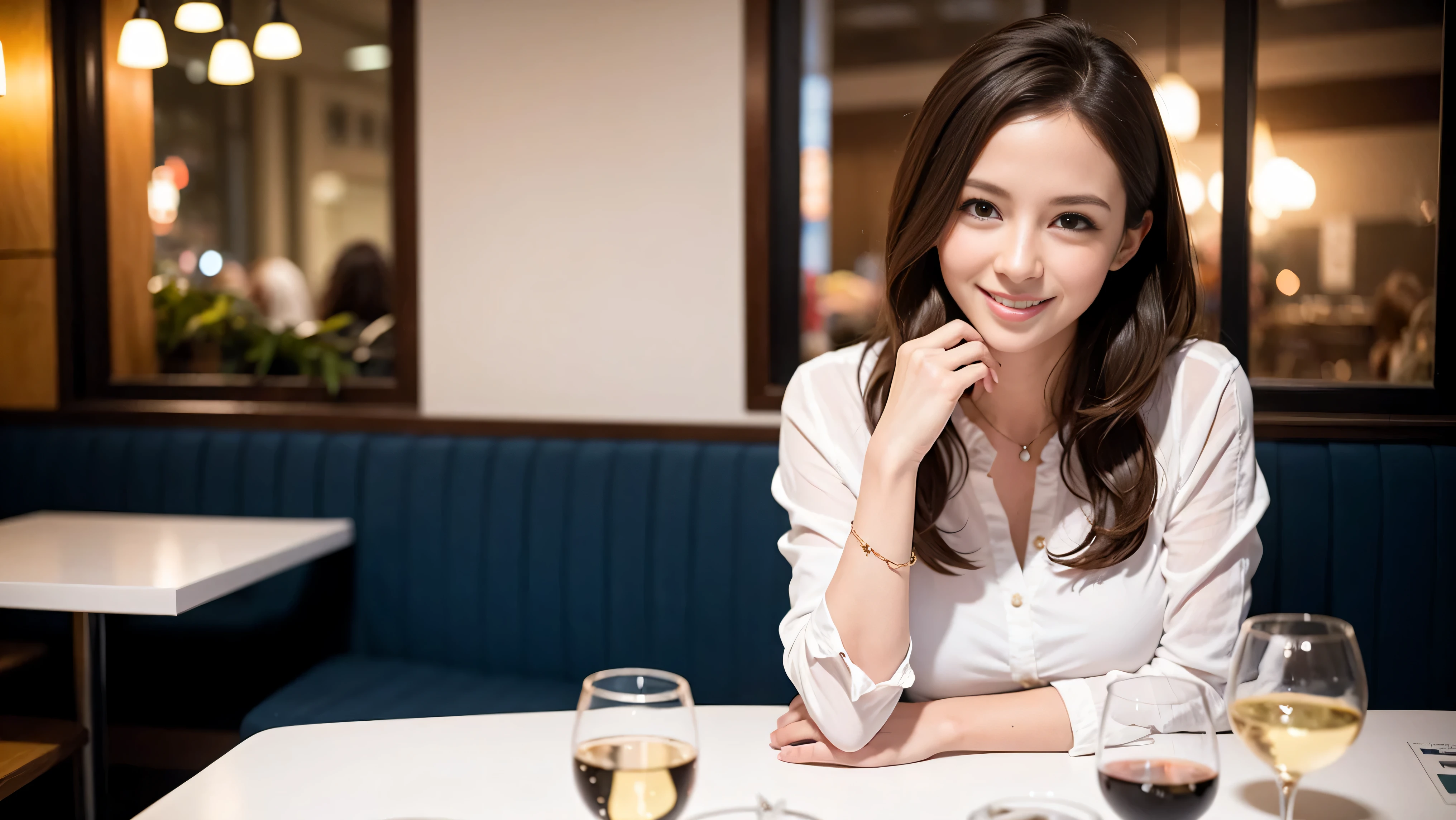 K, Hmm, highest quality, masterpiece: 1.2), (realistic, photorealistic: 1.37), Super detailed, 3 slim beauties, (slim face),Happy、 the best smile、Fox face、Berry Short、(because I'thin), (brown hair), (shortcut), long sleeve shirt、winter fashion、Colombian、Brazilian、Japanese、Dutch、German、Portuguese、Belgian、Italian、French,Champagne、sparKling wine、 (gush out), (slim body), (brown hair), (shortcut), neat beauty、cheeKs turn a little red, (35 years old), 38 years old, alone, A beautiful and detailed night view spreads out outside the window...., restaurant, wine glass is sitting, At night, in a prominent place (from the Upper body) nova frog style, actress, model, Upper body, White wine, slim, wine glass, Very beautiful night view, wine glass Put in the Middle, Happy smile, (smile: 1.15),