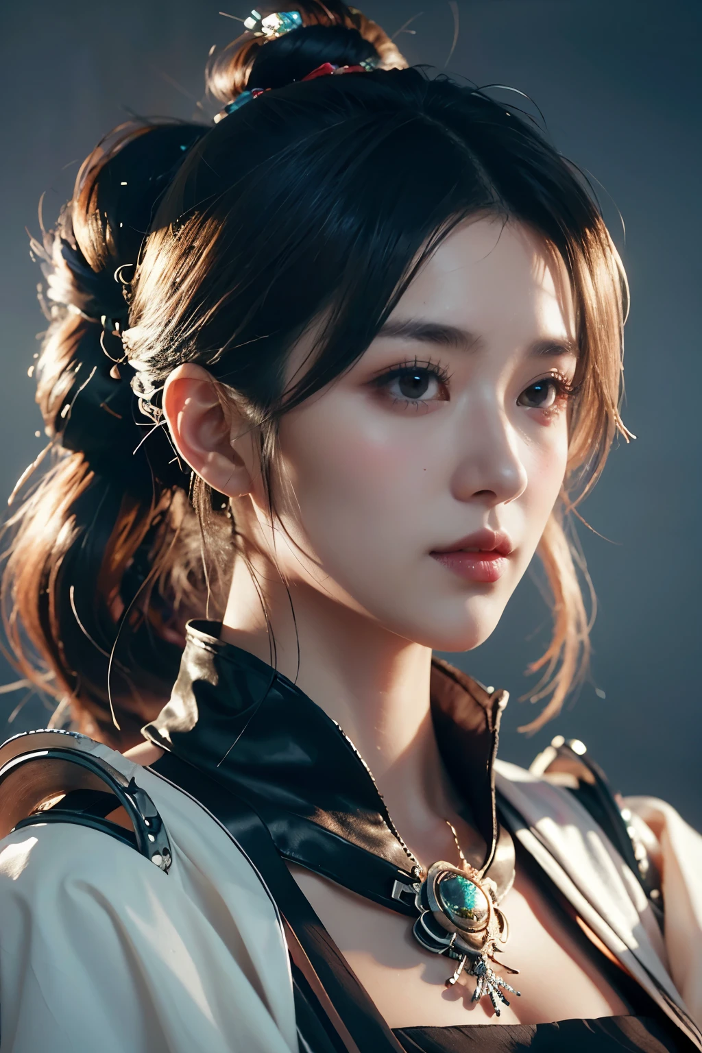 tmasterpiece,Best quality,A high resolution,8K,(Portrait),((Head close-up)),real photograph,digital photography,(Female scientists in sci-fi style),20 year old girl,Random hairstyles,By bangs,(Random Color Eyes),(Random-colored hair),A plump chest,cleavage,Elegant and noble,Serious and indifferent,Open white coat,Black tube top bra,rich details​,Keep your mouth shut,Intricate ornaments,Cyberpunk futuristic style,(Female scholars),white backgrounid,oc render reflection texture
