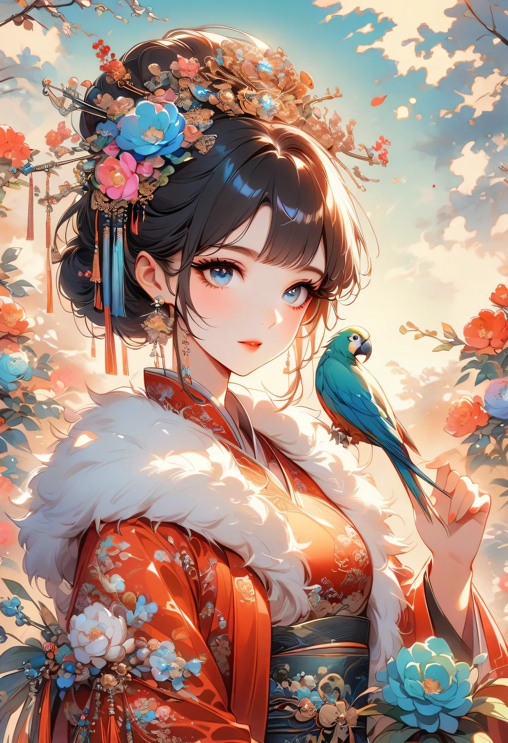 A beautiful young woman in traditional Chinese attire, surrounded by a lush garden. She is holding a parrot on her finger, gazing at it with gentle eyes. The woman's hair is styled in an elaborate updo adorned with flowers and traditional ornaments. Her dress is elegant, featuring fine silk with floral embroidery. The garden is in full bloom, with peonies and other flowers providing a backdrop. The scene captures the serenity and beauty of classical Chinese art, with a touch of nature harmony, (((Ultra-high saturation, high natural saturation, extremely bright colors)))