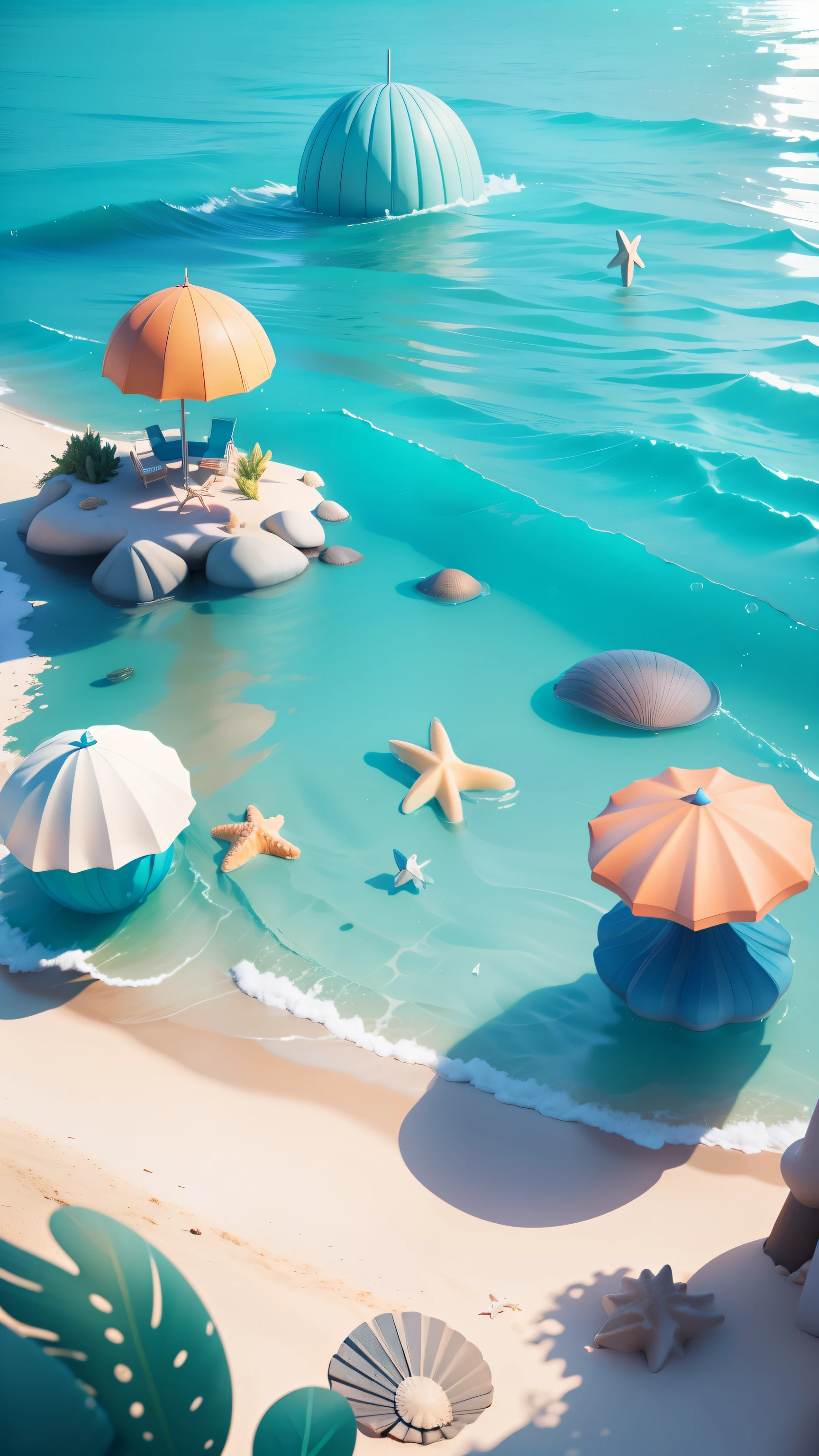 Beach Ocean, Seashells, Starfish, Summer Freshness, 3 D Render Stylized, Stylized 3D Rendering, Stylized to 3D Rendering, Rolands Zilvinski 3D Rendered Art, 3D Stylized Scenes, Relaxation Concept Art, Stylized Concept Art, (Octane Rendering) Fantasy Style, Stylized 3 D