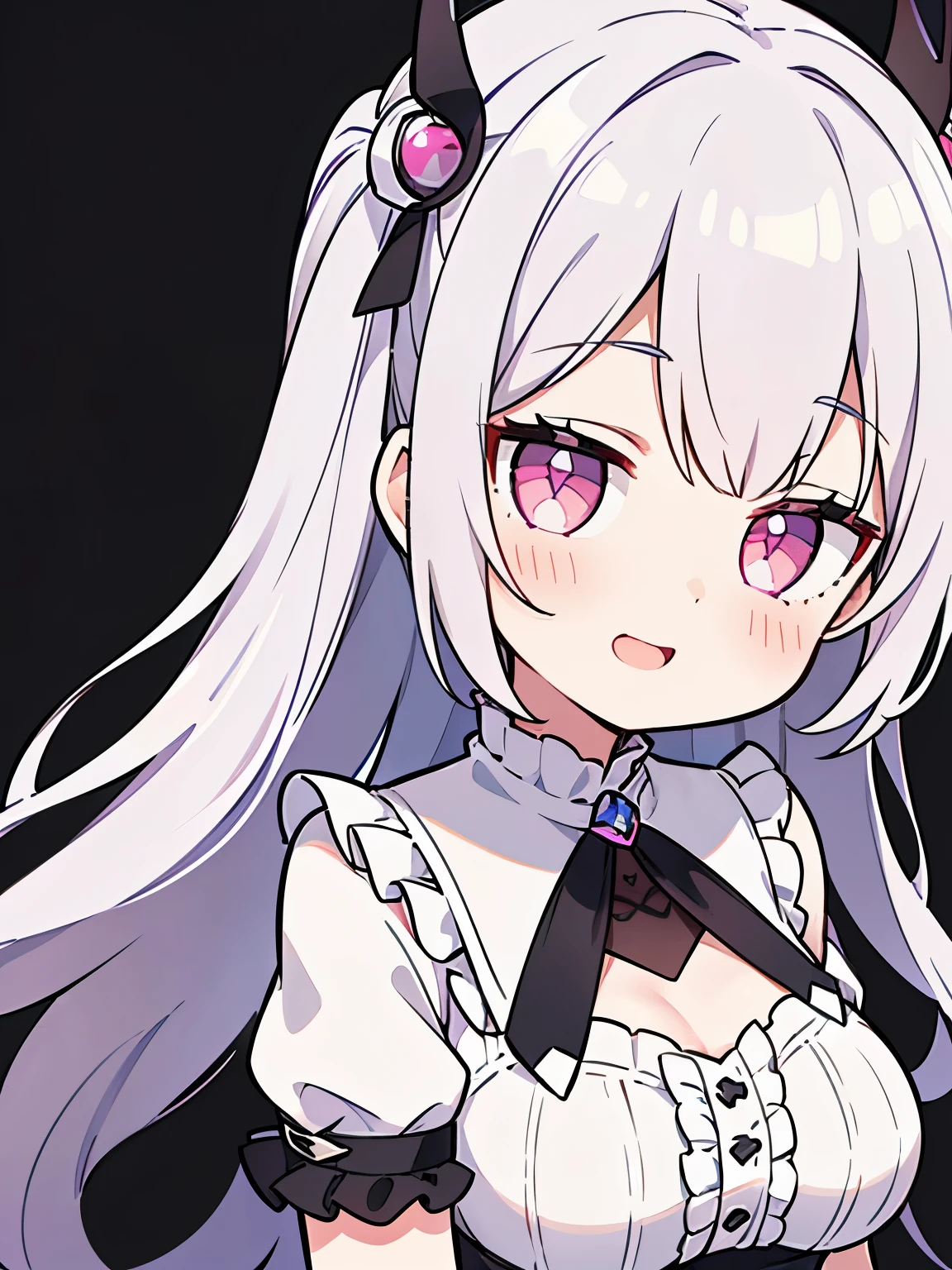 Pueros face_V1:0.24, highest quality, realistic, 8K, High resolution, 1 girl, 16 year old girl, (skin dents), (portrait), ((simple background:1.62)), full color, ((big round breasts,exposed chest,frills)), look straight at the viewer:1.8, (1 girl eyes looking at viewer:1.55), (Long-length hair, silver hair, two side up,straight bangs:1.45,pink eyes), (Bokeh),looking at the viewer,open mouth smile,Shining eyes,cute pose,sparkling eyes,Super high quality,dynamic pose,date situation