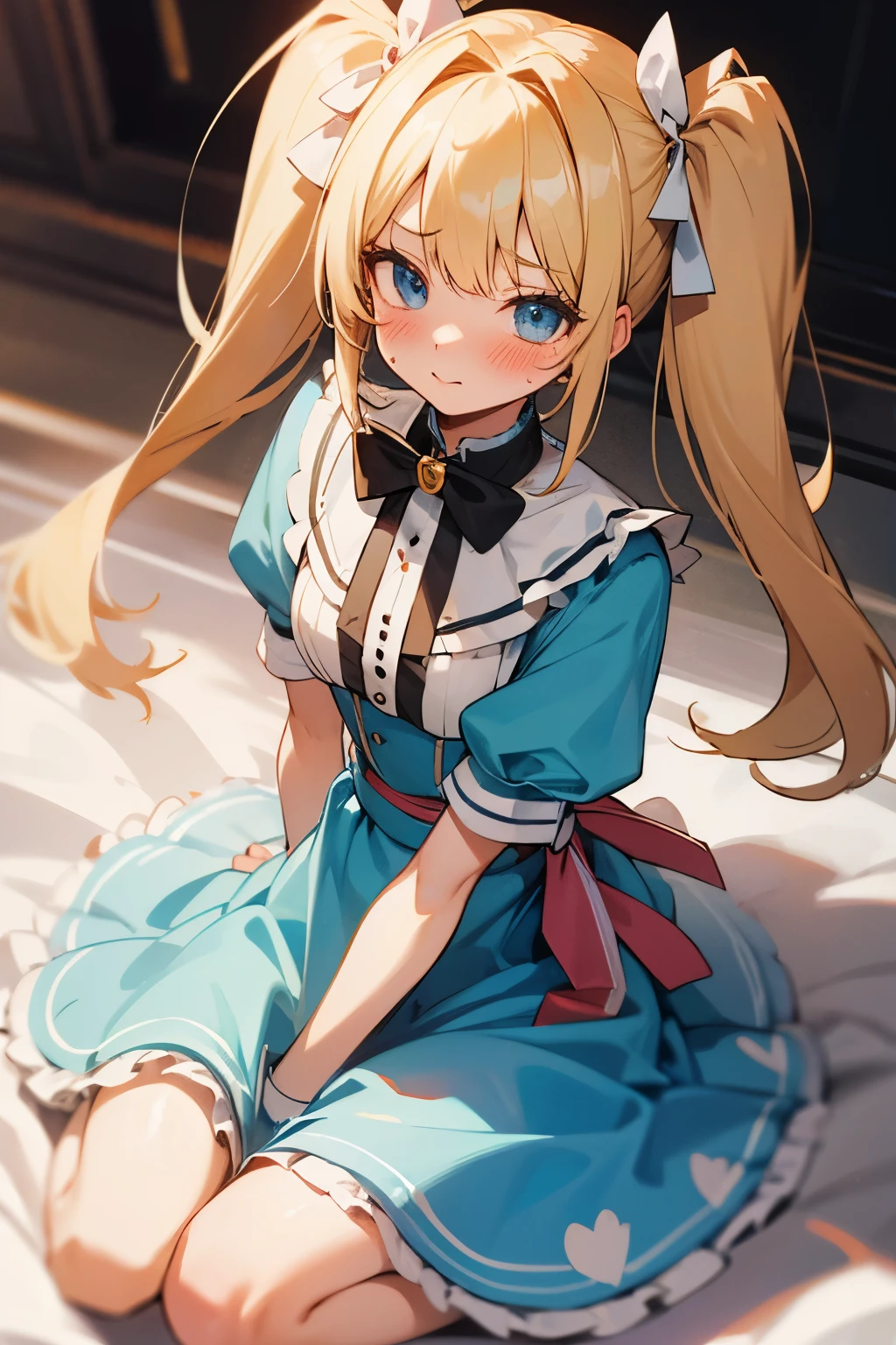 Blonde girl with twin tails、Alice's outfit in Wonderland、blushing