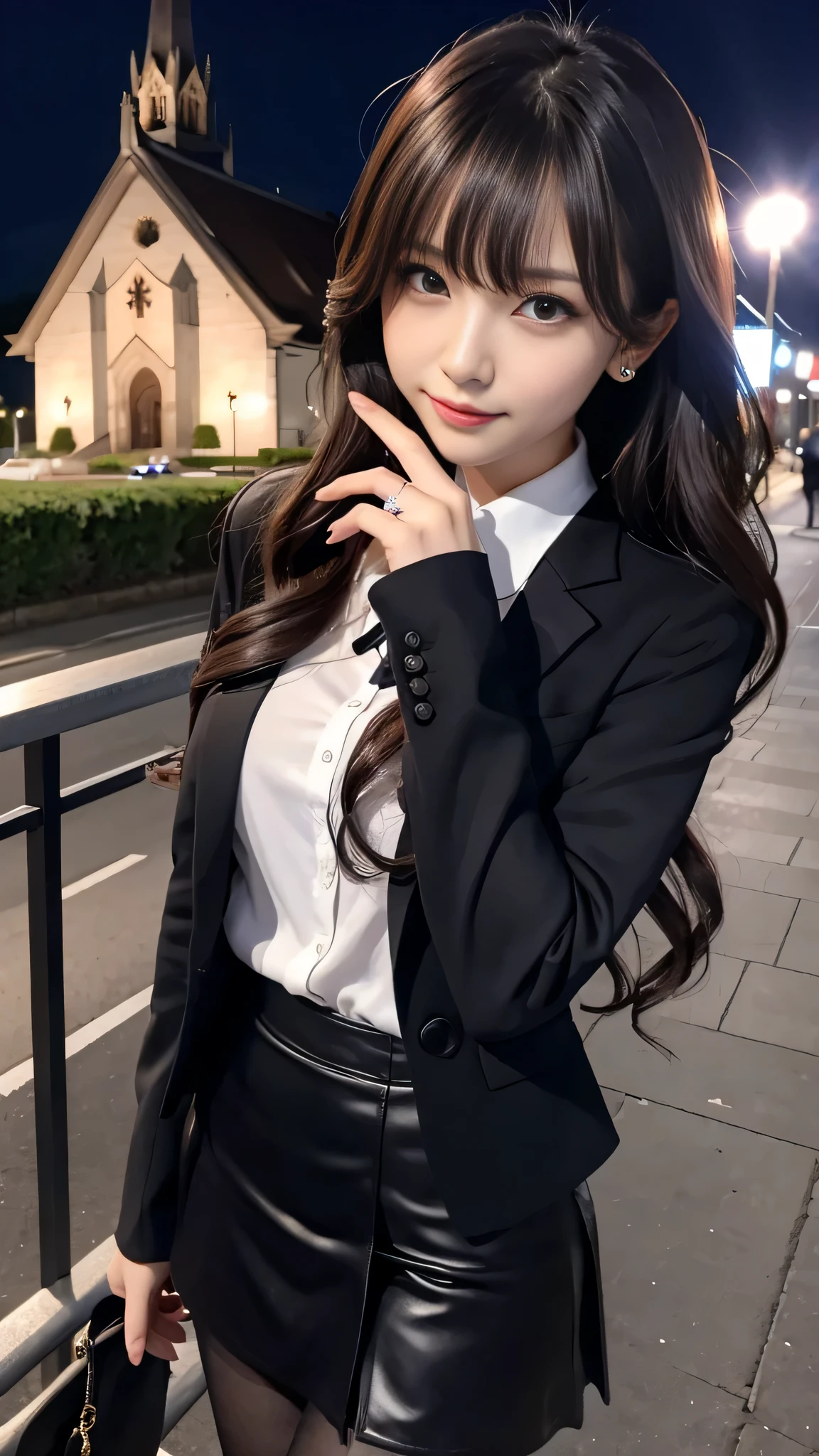 ltra-detailed、Japanese、attractive beauty、seductive adult woman、pretty woman、piercing eyes、cool girl、wavy hair、swept bangs、student、suit、Jacket、shirt、ribbon、blouse、Tight Skirt、pantyhose、beautiful feet、Evil cadres、evil depravity、brainwash、mind control、lipstick、smirk、dark makeup、hollow eyes,half-closed eyes、evil look、evil、empty eyes、evil、church at night、vampire、succubus、vampire、Swear allegiance、stand