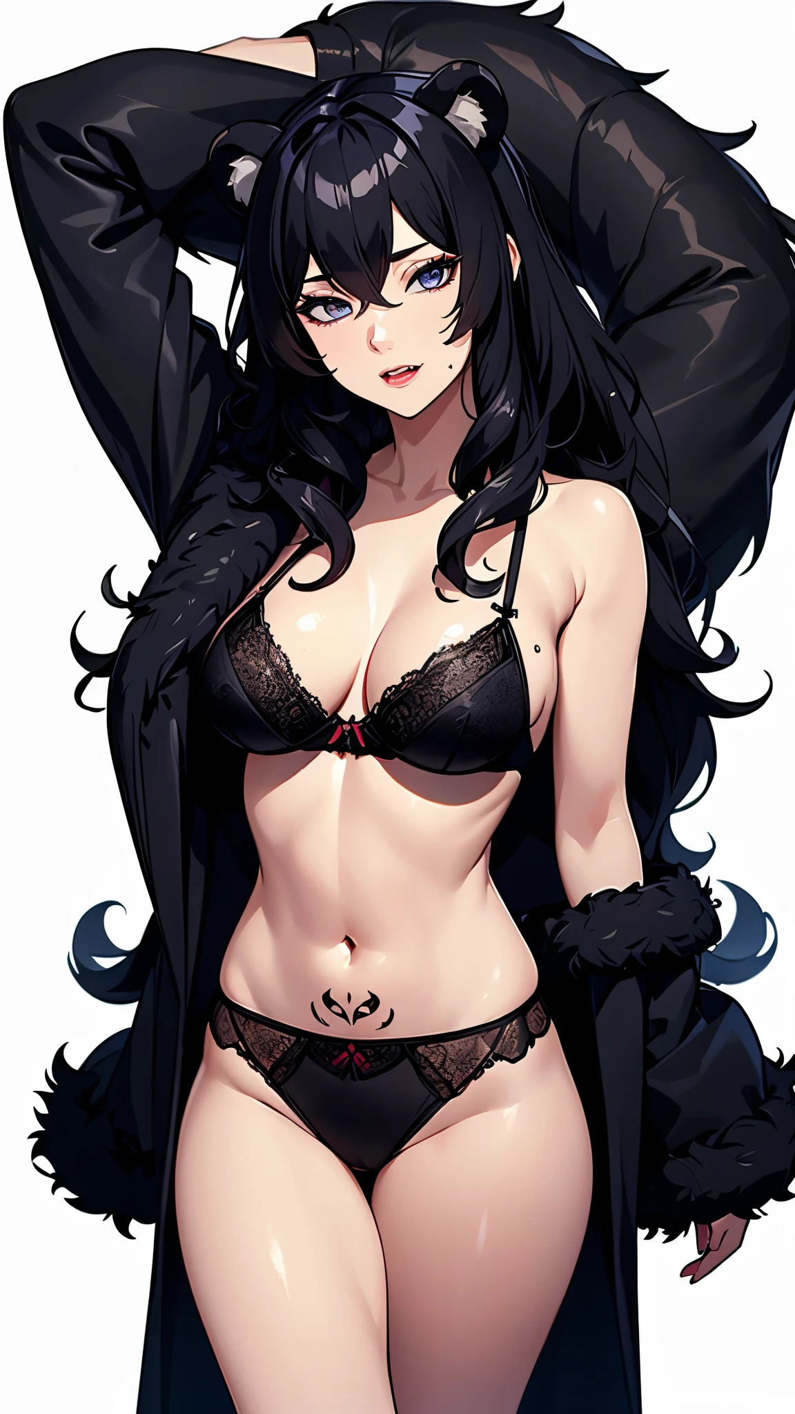 ((8K resolution))、((highest quality))、((masterpiece))、((Super detailed))((((dramatic))), (anatomically correct)、Depth of object being written、look at the camera、one person、one personの女性、glamorous、jagged teeth、double teeth、crescent moon tattoo、wavy hair、black hair、Wet、bear ears、fur coat、(black bra、black panties)、(theme、whole body:1.1),white background