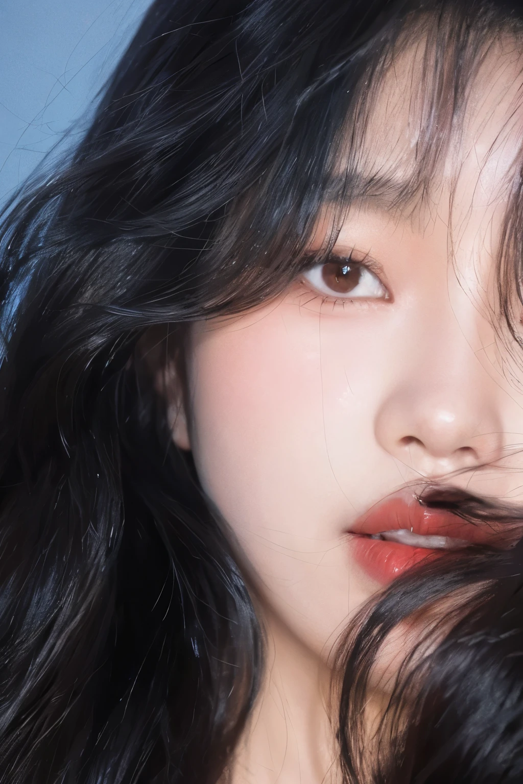 have long hair、woman wearing red lipstick, closeup portrait照片, first wave, closeup portrait, jinyoung shin, Avatar profile picture, close face, close face portrait, Jimin\full lips, Detailed face of an Asian girl, Korean facial features, blackpink josie's portrait, closeup portrait水墨风,Thick coating,cartoon