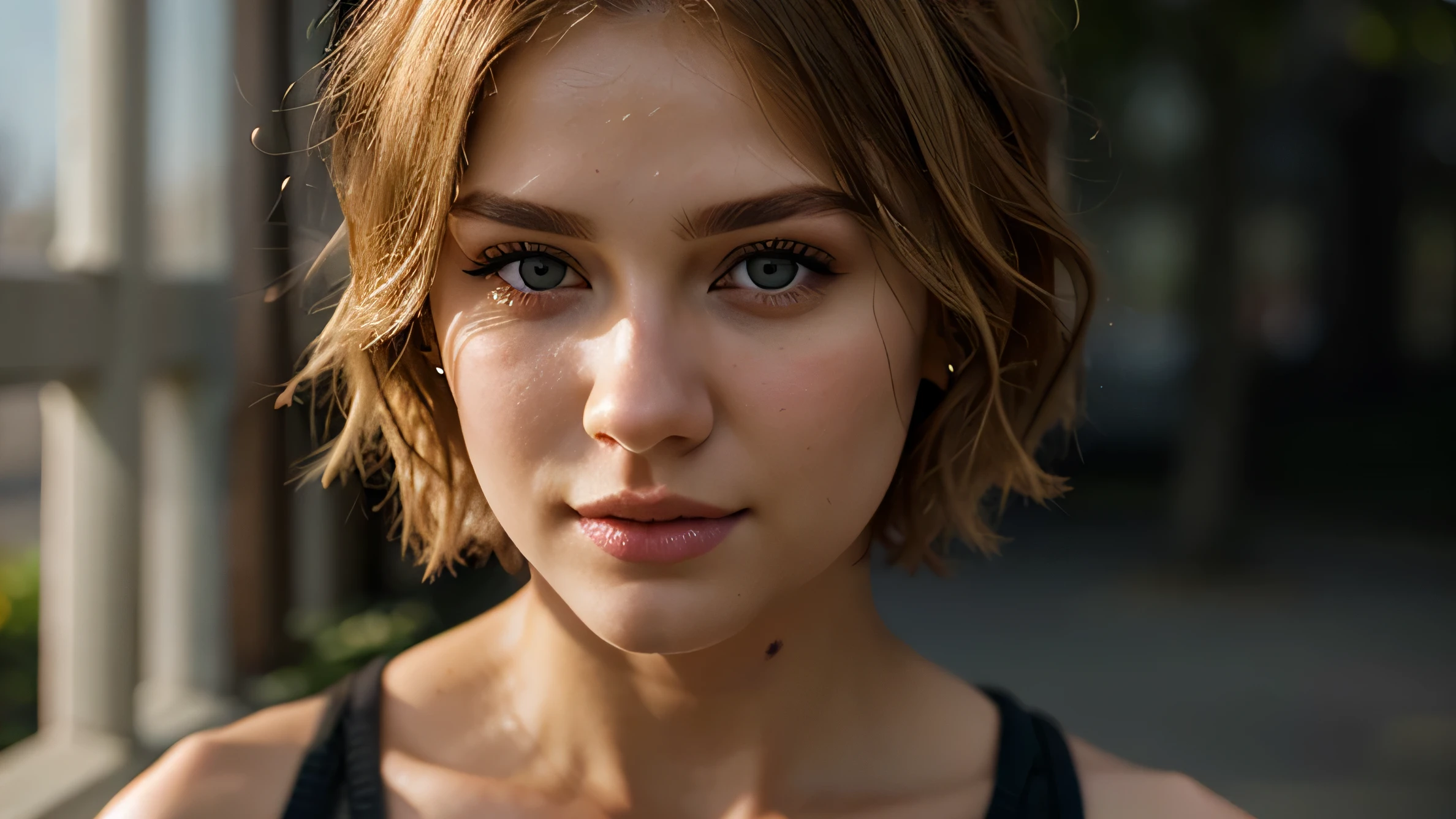 ((best quality)), ((ultra res)), ((photorealistic)), (intricate details), 19 years old, blonde hair, perfect face, make up:1.5, light on face, face detail, short hair