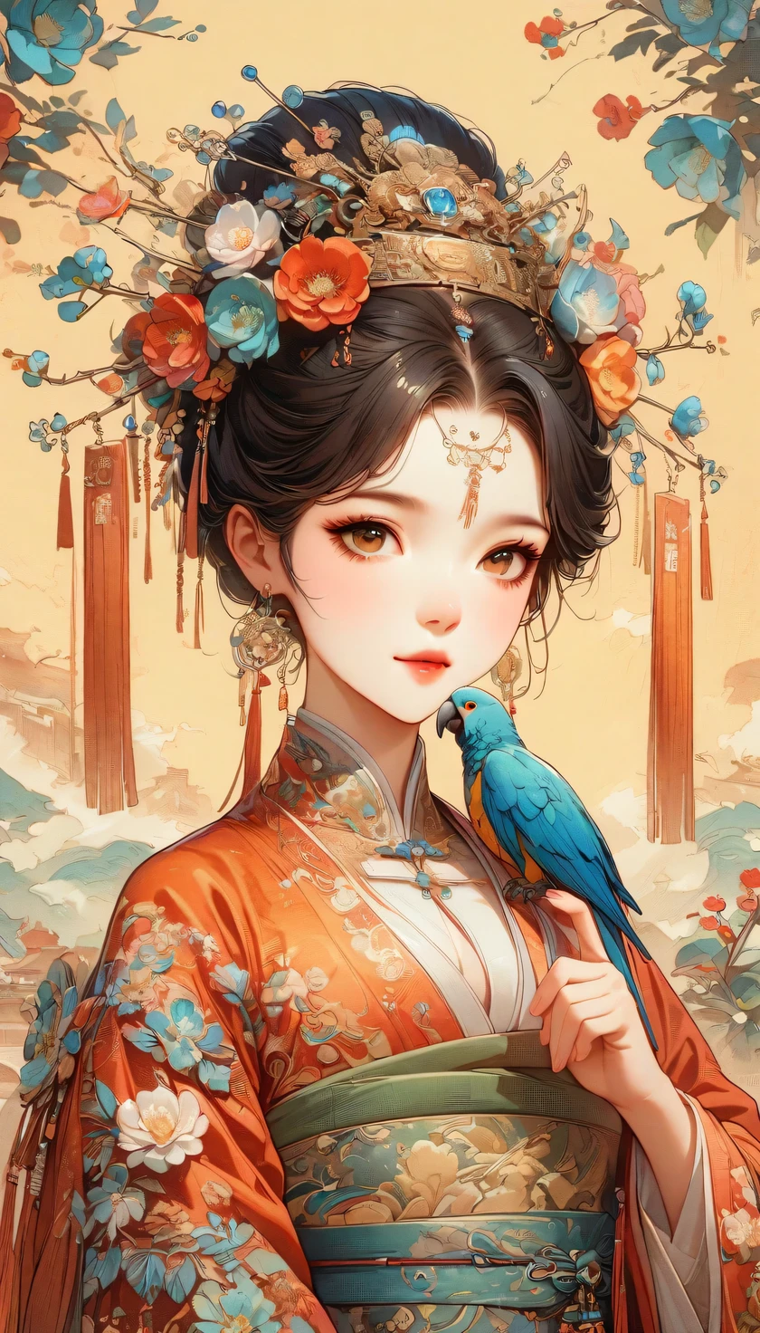 A beautiful young woman dressed in traditional Chinese dress,Surrounded by lush gardens。She holds a parrot on her finger,Look at it tenderly。Woman's hair tied into an elaborate bun,It is decorated with flowers and traditional ornaments.。her dress is elegant,Made of fine silk with floral embroidery。Flowers blooming in the garden,Peonies and other flowers form the background。The scene embodies the tranquility and beauty of Chinese classical art,with a touch of nature,(first-person view, pov, UHD, retina, masterpiece, ccurate, anatomically correct, textured skin, super detail, high details, best quality, 8k, Chinese illustration,flat illustration,Mark strokes,Colored ink on paper,Vector illustration)