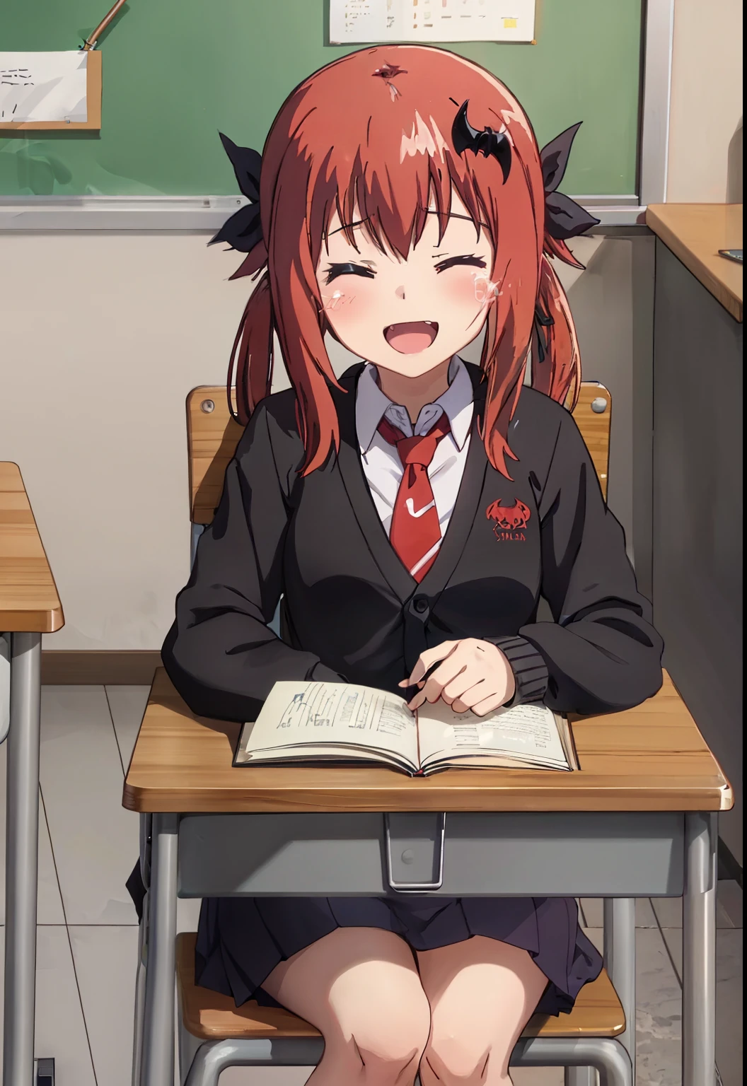 GabrielDropOut, Satanichia, long hair, smile, open mouth, multiple girls, shirt, long sleeves, ribbon, 2girls, sitting, , closed eyes, upper body, :d, necktie, solo focus, fang, collared shirt, indoors, tears, black shirt, ^_^, chair, parody, wavy mouth, table, cardigan, crying, cross, red necktie, desk, tearing up, out of frame, meme, classroom, style parody, school desk, laughing, chalkboard, school chair, cross print, inverted cross