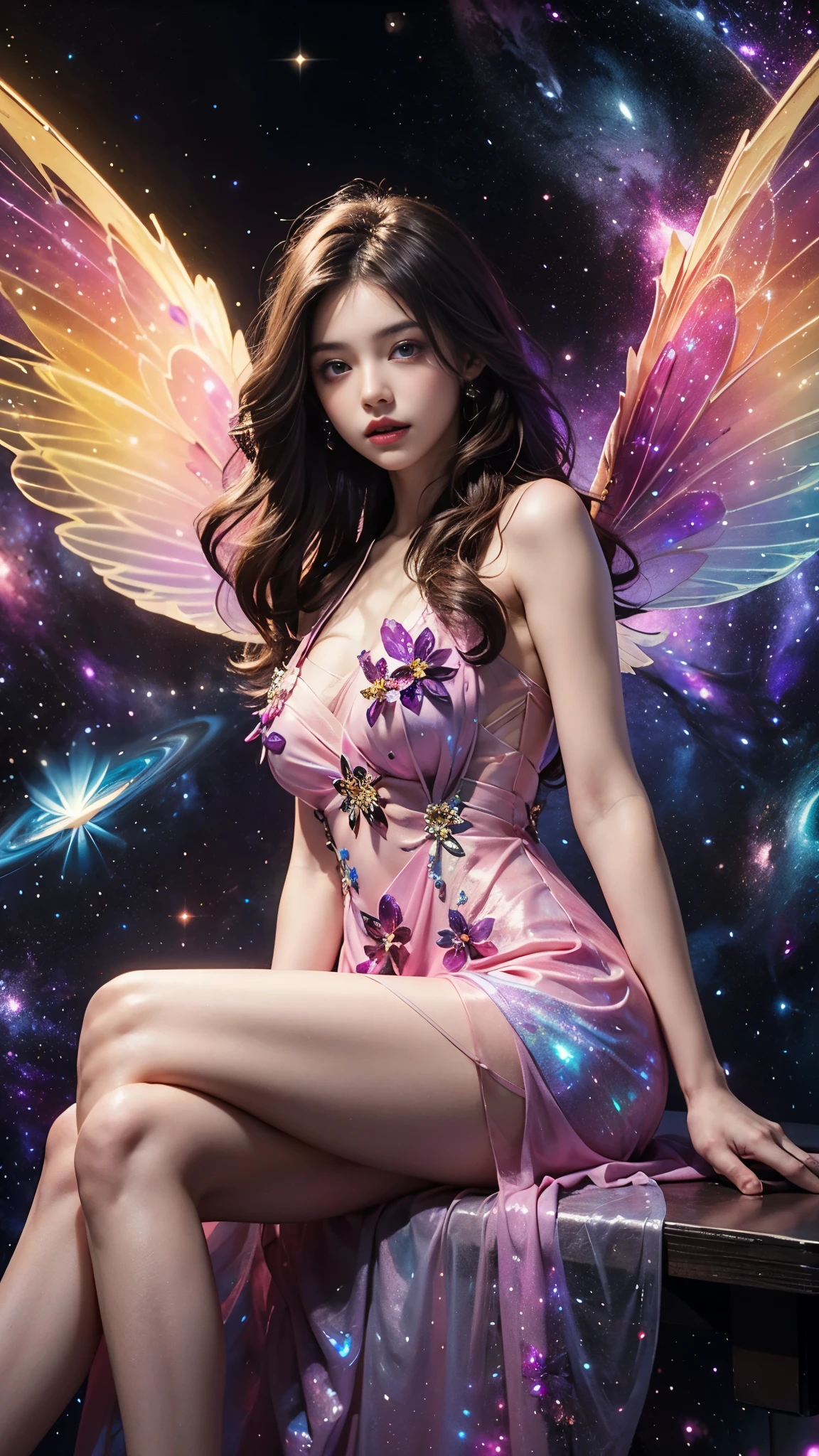 4k ultra hd, masterpiece, a girl, good face, detailed eyes, detailed lips, flower fairy girl, big wings, transparent wings, neon lights, (galaxy background:1.5), (flower dress:1.5), (magenta dress:1.4), in the heaven, sitting on the unicon,