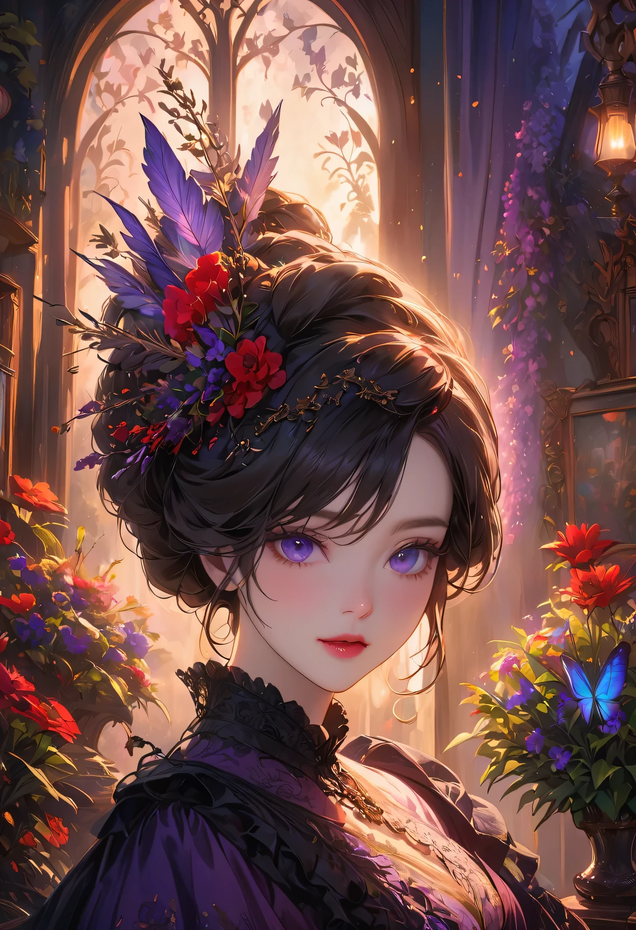 anime,beautiful detailed eyes,beautiful detailed lips,extremely detailed eyes and face,longeyelashes,colorful,vivid colors,portrait,landscape,horror,studio lighting,sharp focus,physically-based rendering,extreme detail description,professional,bokeh,HDR,UHD,ultra-fine painting,concept artists,gothic,Victorian-style bedroom,beautiful witch,dark atmosphere,vibrant colors,soft lighting,enchanted plants,flowing lavender,anime-style characters,mysterious shadows,exquisite details,vintage furniture,luxurious textures,eye-catching composition,romantic mood