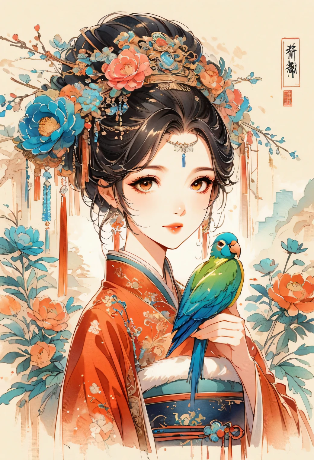 A beautiful young woman in traditional Chinese attire, surrounded by a lush garden. She is holding a parrot on her finger, gazing at it with gentle eyes. The woman's hair is styled in an elaborate updo adorned with flowers and traditional ornaments. Her dress is elegant, featuring fine silk with floral embroidery. The garden is in full bloom, with peonies and other flowers providing a backdrop. The scene captures the serenity and beauty of classical Chinese art, with a touch of nature harmony，Chinese illustration，flat illustration，Marker drawing，color ink on paper，vector illustration
