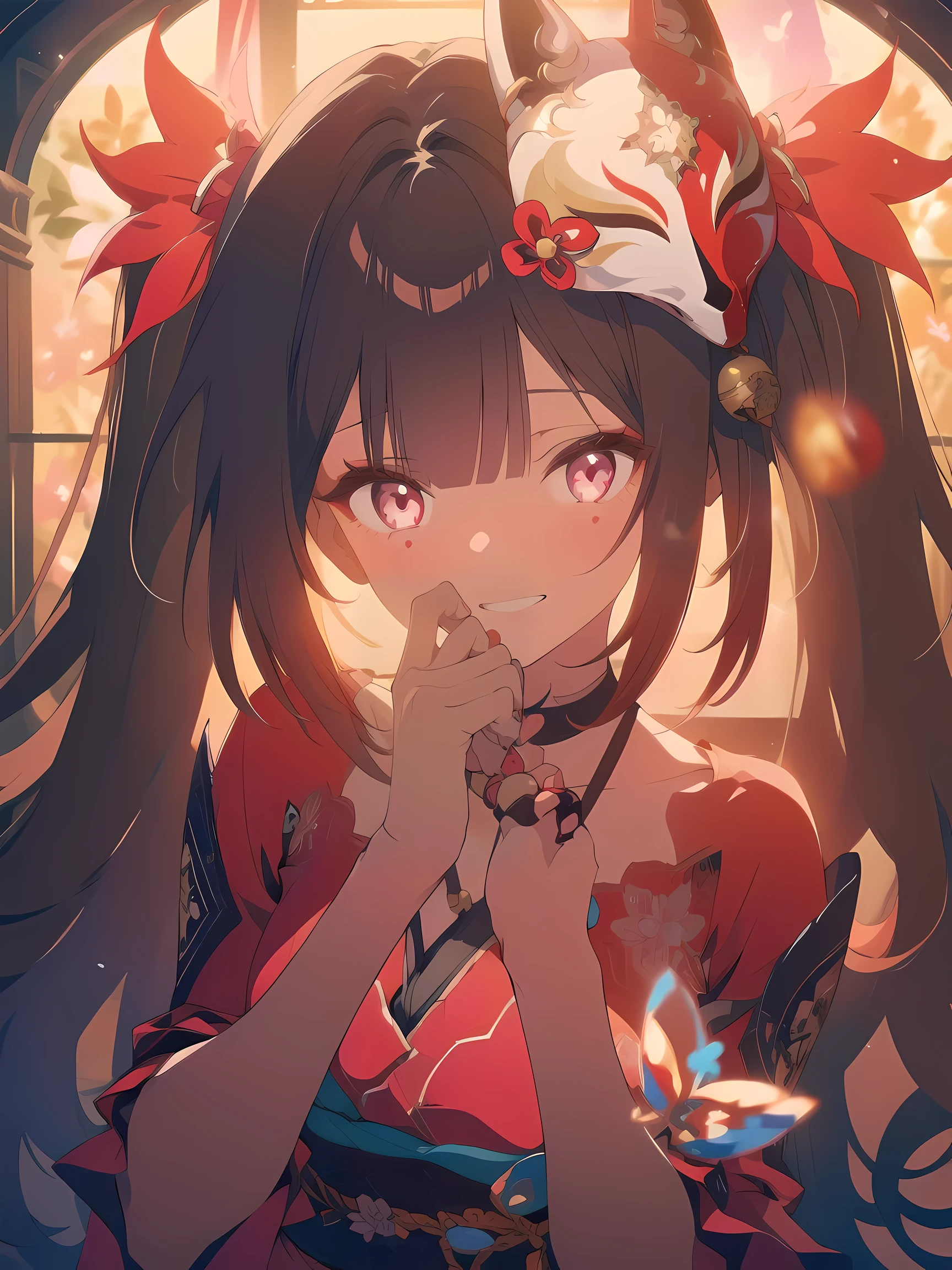 masterpiece, high quality, 1girl, amazing cinematic, sparklehsr, evil, menacing, glowing eyes, yandere, holding face, red gold-trimmed kimono, o-ring halterneck, hair ornaments, well-drawn hands, fingers, bare hand, thumbs, mole under both eyes, red string, flower tattoo, neck bell, red fox mask on head, butterfly-shaped pupils, brown gradient hair, ominous red lighting, scary, grinning, spider lily flowers, 