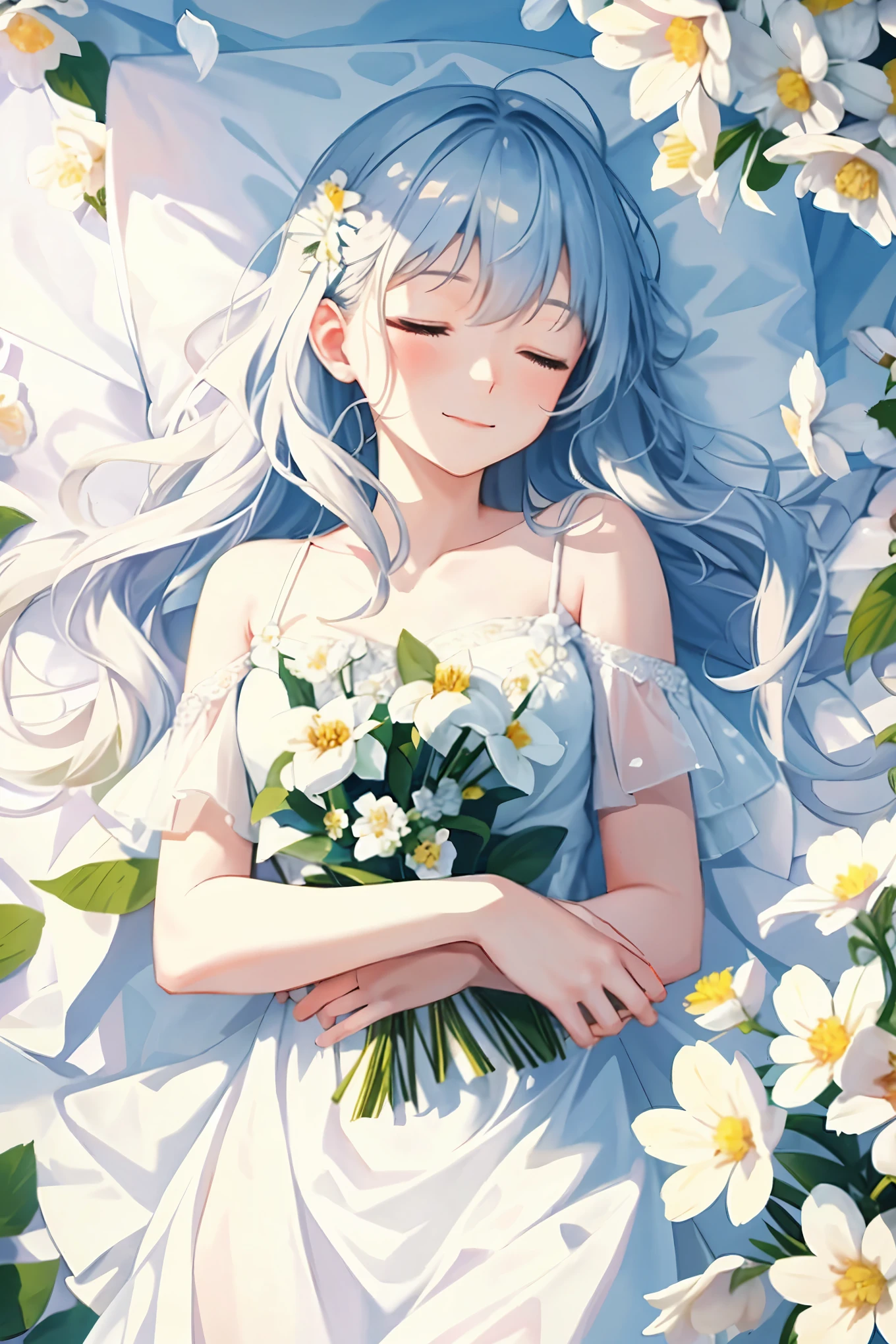 1 girl, closed eyes, sleeping peacefully, surrounded by a blooming flower field, happy expression on her face, wavy mouth forming a soft smile, dressed in a pristine white dress, petals of various colors gently falling around her, ultra-detailed, realistic rendering, crisp and clean, vibrant hues, soft focus, sunlit atmosphere, HDR, UHD, springtime, dreamlike, blissful, ethereal.