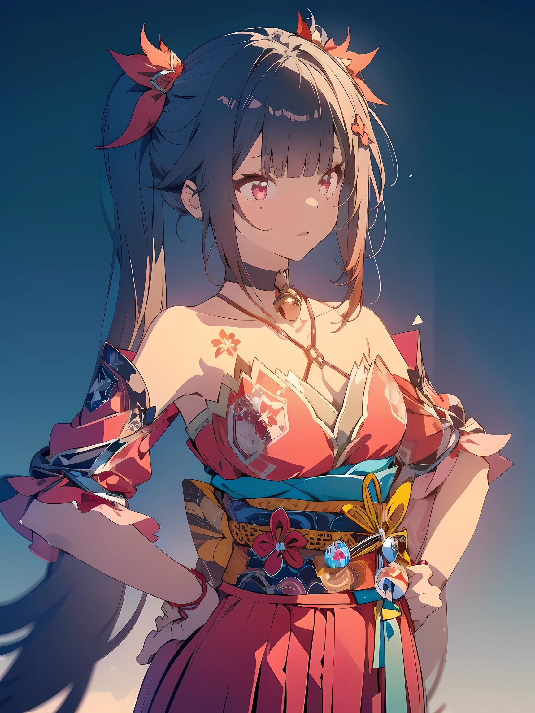 quality, masterpiece, highres, sparkle \(honkai: star rail\), 1girl, gloves, solo, hands on hips, white background, open mouth, choker, black gloves, simple background, black choker, mask, bare shoulders, sash, detached sleeves, obi, red dress, japanese clothes, looking at viewer, dress, hair ornament, red eyes
