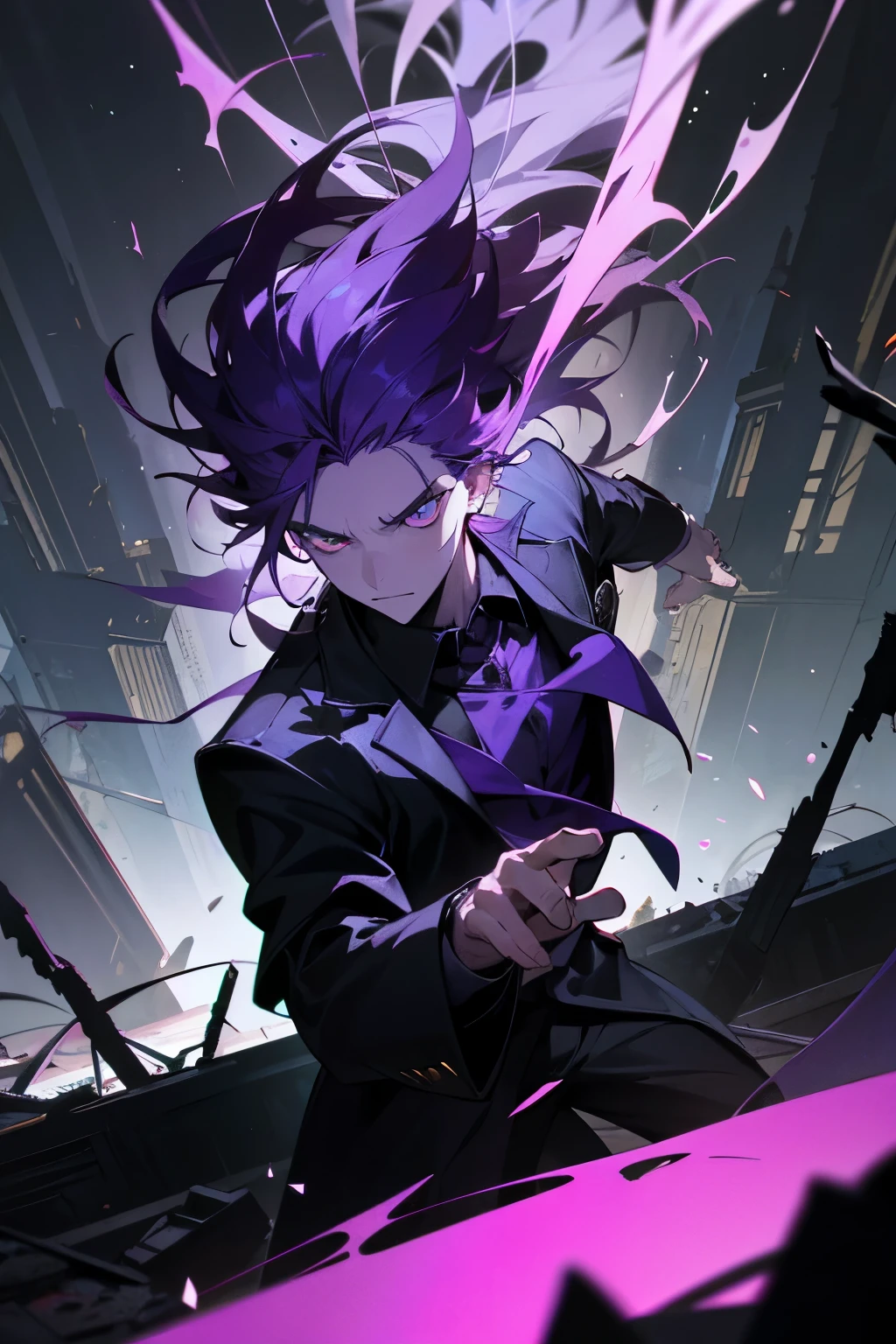 title: "Demonic Awakening"
Description:
Develop a 3D-style image with maximum quality and advanced details, depicting a white man with purple hair surrounded by demonic aspects, emerging into a ruined city.
Detalhes da Cena:
The ruined city stretches along the horizon, with collapsed buildings and rubble scattered everywhere. The sky is dyed in gloomy tones, refletindo a atmosfera decadente e opressiva do ambiente.
No centro da imagem, a young-looking white man is highlighted. Her purple hair is long and shaggy, fluindo ao redor dele como uma aura vibrante. His eyes glow with a demonic red light, as sinister horns begin to protrude from its forehead.
The man is wearing hip hop style clothing in dark tones that blend in with the desolate scenery around him.. His posture is one of determination and power, as if he were about to unleash a supernatural force.
Demonic aspects begin to manifest in your appearance: Sharp claws emerge from your hands, his pupils dilate and his skin takes on a pale, sinister hue.. Uma aura de energia escura o envolve, increasing its menacing presence.
Ao redor do homem, Shadows dance and snake among the rubble, adding a sense of mystery and danger to the scene. Fragments of light filter through the wreckage, creating dramatic contrasts and highlighting the details of the composition.
The 3D rendering technique allows for a detailed representation of scene elements, from the ruined buildings to the smallest details of the man's facial expression and demonic aspects. Every texture and shadow is carefully adjusted to create an immersive, immersive atmosphere..