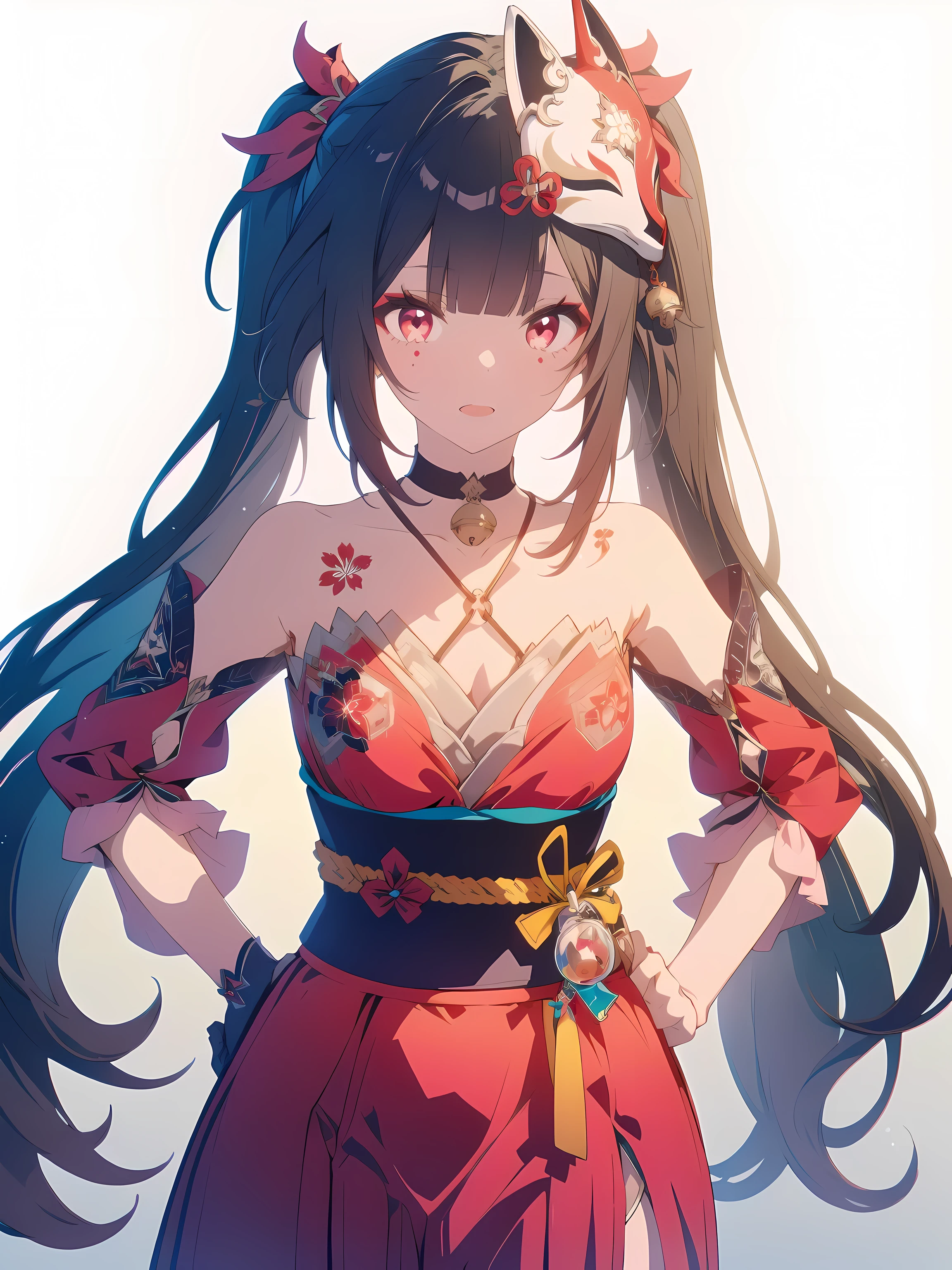 quality, masterpiece, highres, sparkle \(honkai: star rail\), 1girl, gloves, solo, hands on hips, white background, open mouth, choker, black gloves, simple background, black choker, mask, bare shoulders, sash, detached sleeves, obi, red dress, japanese clothes, looking at viewer, dress, hair ornament, red eyes