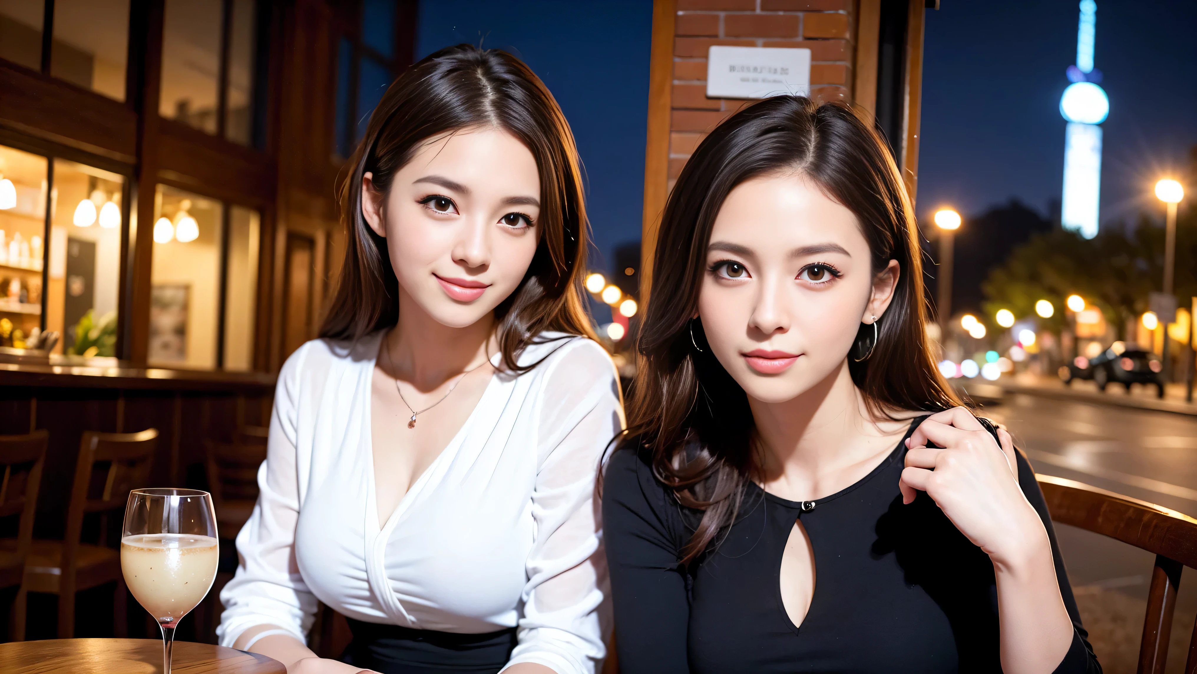 (including 64k、nffsw、highest quality、masterpiece:1.2)、(realistic、Photoreal:1.37)、Super detailed、wine glass、wine bottle、sparkling wine、while enjoying wine、mature woman、two beautiful women、(slim face)、(because I'thin)、(brown hair)、(shortcut)、Latino、smileのフランス人女性、happy italian girl、british woman、Americana、cheeks are a little red、(38 years)、42 years old、red wine、窓の外には美しく緻密なnight景が広がります.......、restaurant、目立つ場所にあるwine glass、night、(from the waist up)、sit on top、date、(laughter:1.15)、thin and beautiful eyes、cashmere sweater、long sleeve dress、Japanese、(short hair:1.2)、Float NovaFrogStyle、、modeled、from the waist up、White wine、turned into slime、wine glass、超綺麗なnight景、wine glassを真ん中に置きます、smile、(8k、RAW photo、highest quality、masterpiece:1.2)、(realistic、Photoreal:1.37)、Super detailed、ultra high resolution、2 females、see the beholder、beautiful and detailed face、laughter、narrow、(slim waist) :1.3)、knit shirt、Fine and beautiful skin、skin texture、floating hair、professional light needle breast、kind eyes