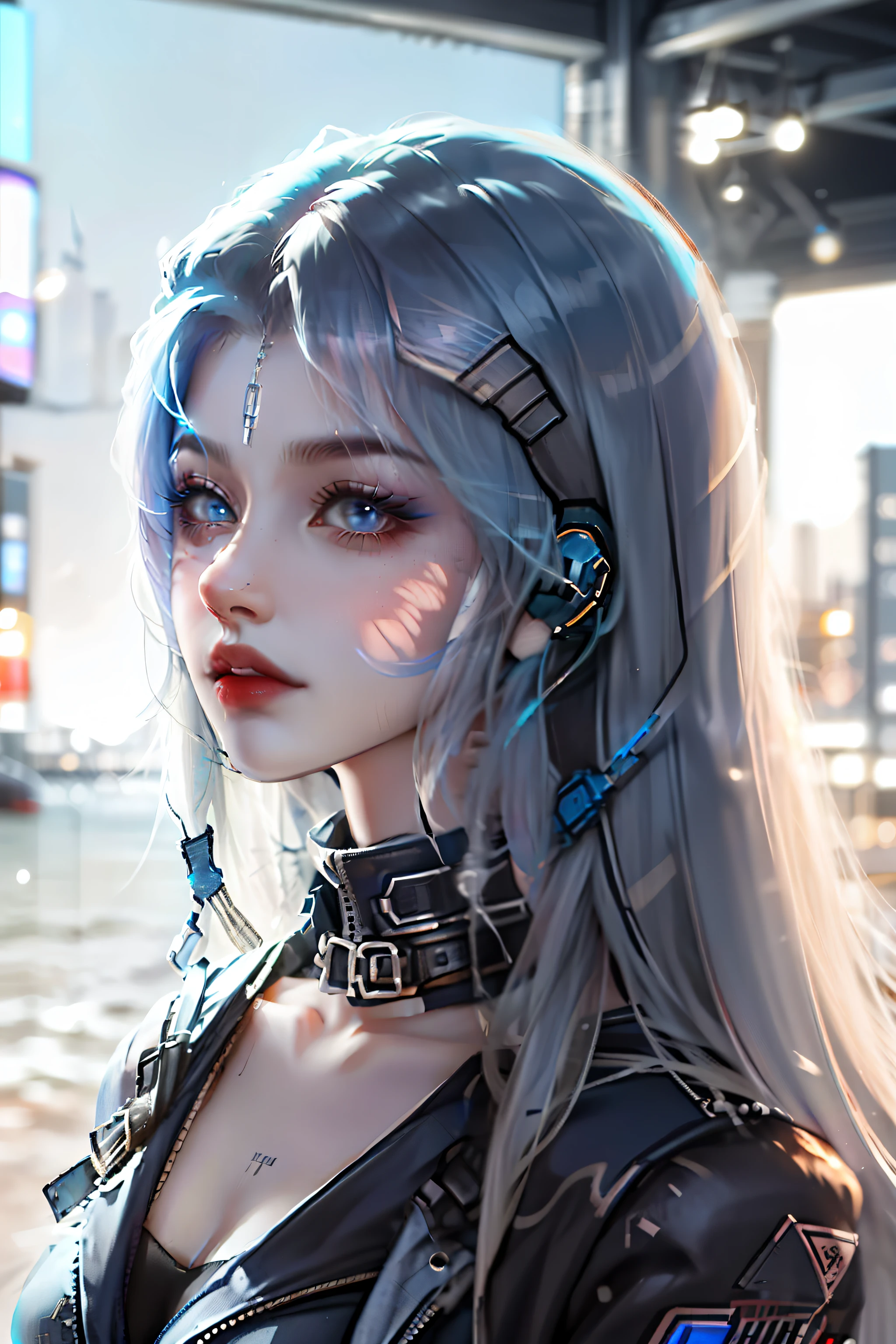 cabelo curto e detalhado，Females，cabelos de cor preta，pupila azul，jaqueta azul-preta，fone de ouvido，perssonage cyber punk，vista sobre a cidade。