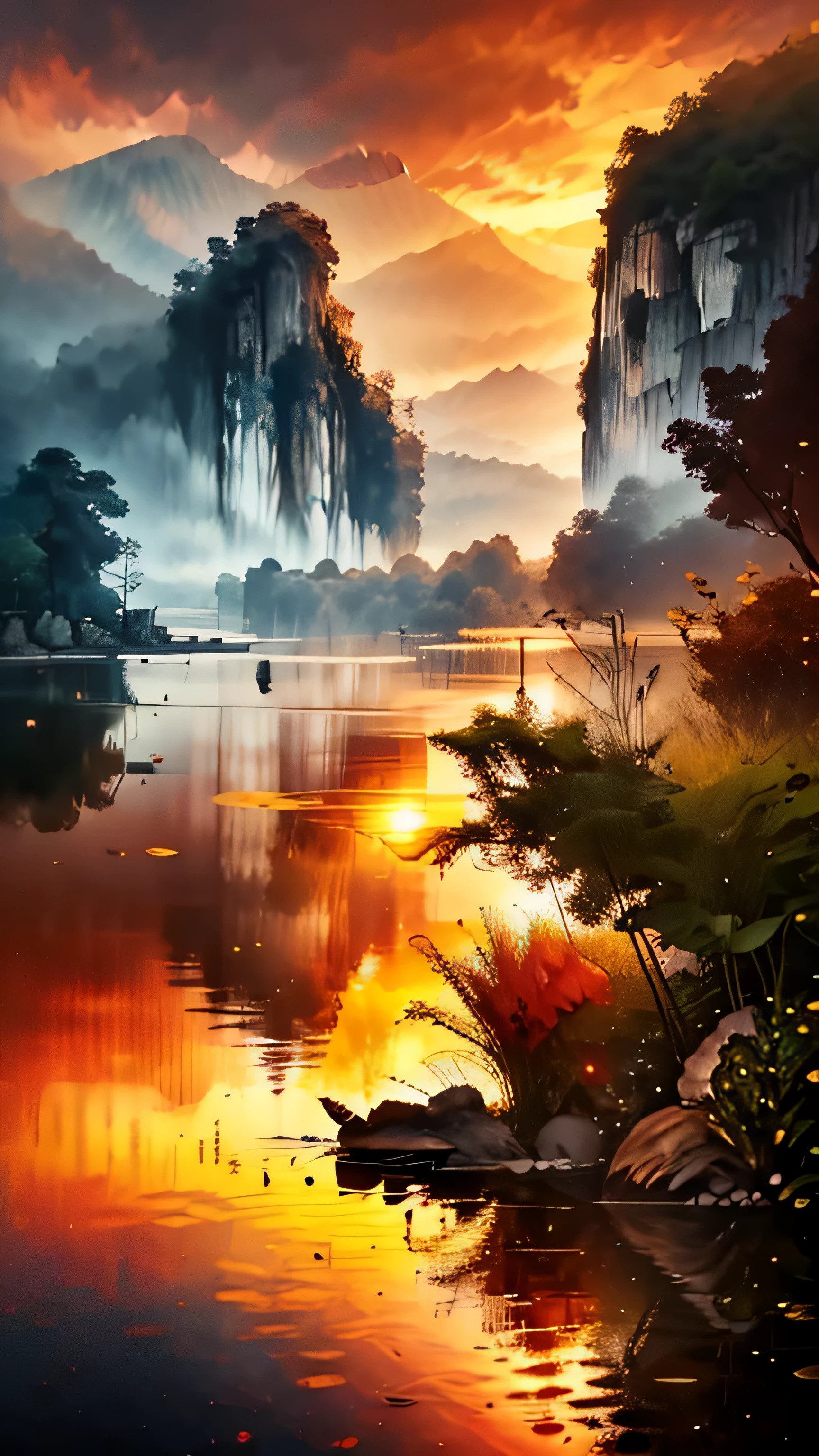 (8k, highres, masterpiece:1.2), ultra-detailed, realistic:1.37, evening pond, calm water, golden sunset, tranquil atmosphere, gentle ripples, lush greenery, vibrant reflections, graceful lotus flowers, serene environment, peaceful setting, subtle color palette, soft natural lighting, sunset