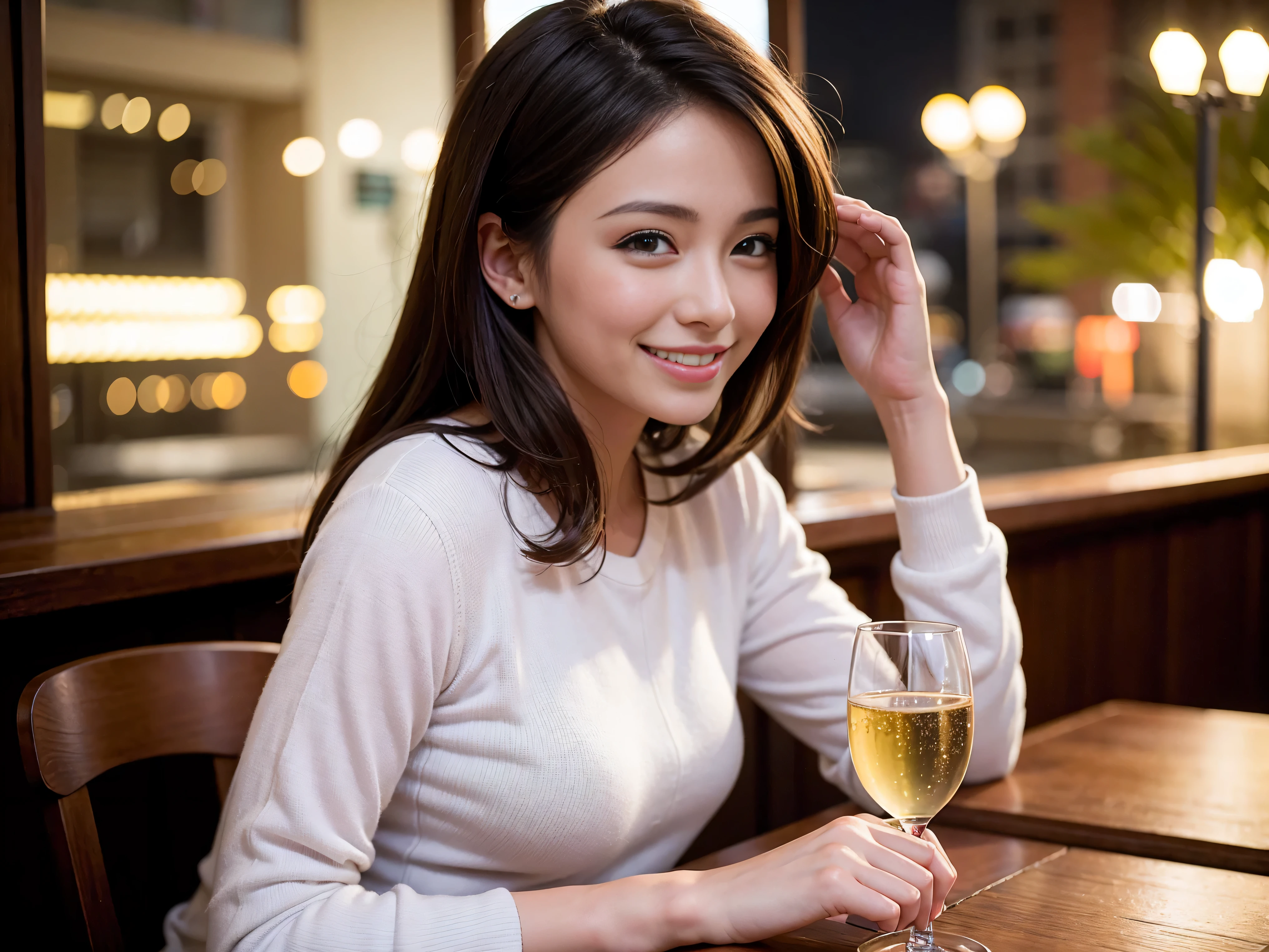K, UHD, highest quality, masterpiece: 1.2), (realistic, photorealistic: 1.37), Super detailed, 3 slim beauties, (slim face),Happy、 the best smile、Fox face、Berry Short、(because I'thin), (brown hair), (shortcut), long sleeve shirt、winter fashion、Colombian、Brazilian、Japanese、Dutch、German、Portuguese、Belgian、Italian、French,Champagne、SparKling wine、 (gush), (slim body), (brown hair), (shortcut), neat beauty、cheeKs blush a little, (35 years old), 38 years old, alone, A beautiful and detailed night view spreads out outside the window..., restaurant, wine glass is sitting, At night, in a prominent place (from the Upper body) nova frog style, actress, model, Upper body, White wine, slim, wine glass, very beautiful night view, wine glass Put in the Middle, Happy smile, (smile: 1.15),