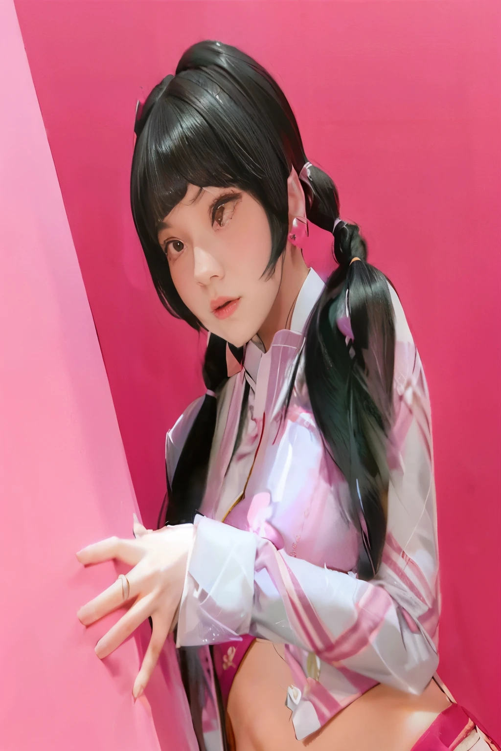 araffe asian woman with long black hair and a pink shirt, belle delphine, pigtails hairstyle, with black pigtails, portrait of jossi of blackpink, shikamimi, sun yunjoo, pigtail, xision wu, chiho, pigtails, two pigtails hairstyle, jaeyeon nam, gongbi, with bangs, with full bangs
