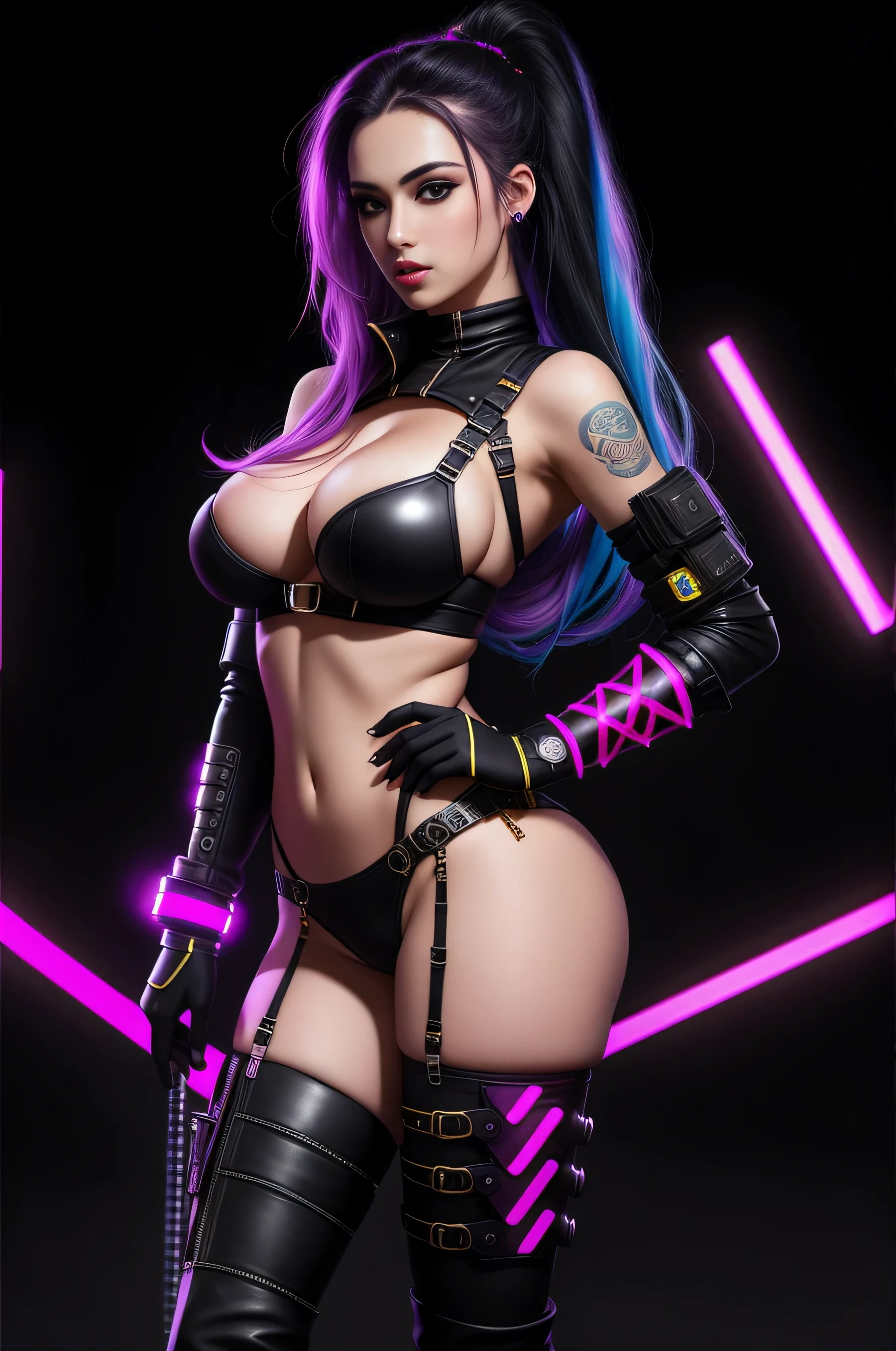 there is Jinx League of Legends standing, long blue platted hair, nice ass, thigh high boots, 3 d neon art of a woman's body, neon-noir background, cyberpunk femme fatale, seductive cyberpunk dark fantasy, cyberpunk strip clubs, cyberpunk 20 y. o model girl, oppai cyberpunk, banner, high definition cgsociety, cgsociety masterpiece, trending on cgstation, kda, random hair, looking at camera, gigantic breasts, cleavage, (high detailed skin:1.2), 8k uhd, dslr, super lighting, high quality, film grain, high res, highly detailed, hyper realistic, beautiful face, beautiful body, beautiful eyes nose lips, alluring expression, very bold, upper  visible, full body photo, standing legs apart, pale translucent glowing skin, most beautiful face, cute, (well defined pubic hair:1.2)), (dark plain black background:1.4))