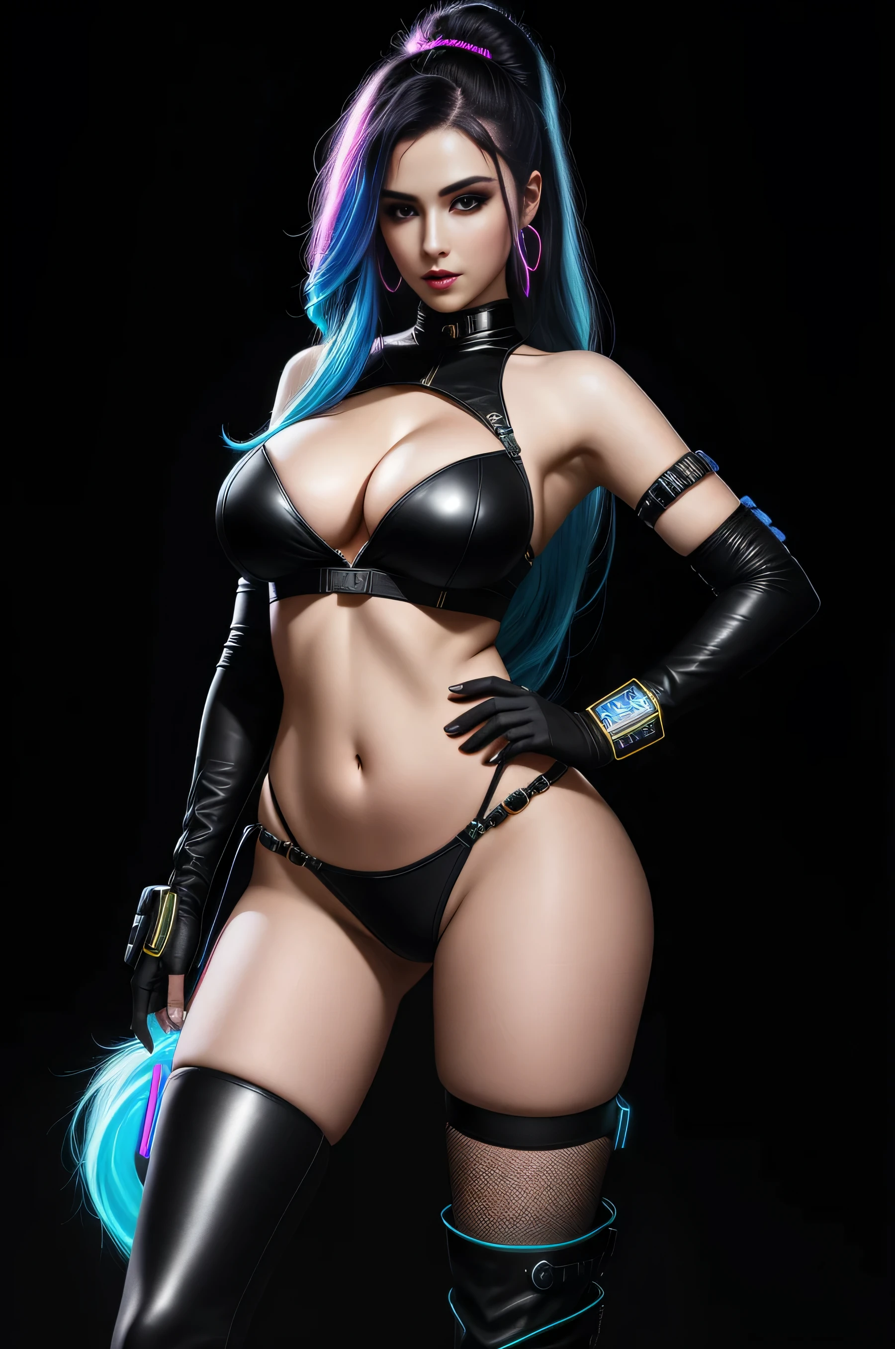 there is Jinx League of Legends standing, long blue platted hair, nice ass, thigh high boots, 3 d neon art of a woman's body, neon-noir background, cyberpunk femme fatale, seductive cyberpunk dark fantasy, cyberpunk strip clubs, cyberpunk 20 y. o model girl, oppai cyberpunk, banner, high definition cgsociety, cgsociety masterpiece, trending on cgstation, kda, random hair, looking at camera, gigantic breasts, cleavage, (high detailed skin:1.2), 8k uhd, dslr, super lighting, high quality, film grain, high res, highly detailed, hyper realistic, beautiful face, beautiful body, beautiful eyes nose lips, alluring expression, very bold, upper visible, full body photo, standing legs apart, pale translucent glowing skin, most beautiful face, cute, (well defined pubic hair:1.2)), (dark plain black background:1.4))