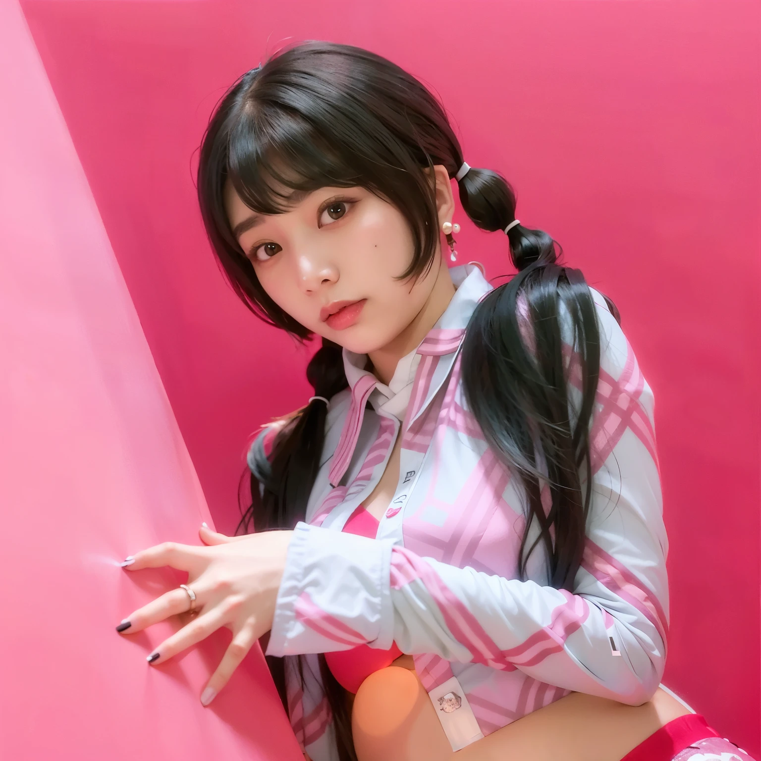 araffe asian woman with long black hair and a pink shirt, belle delphine, pigtails hairstyle, with black pigtails, portrait of jossi of blackpink, shikamimi, sun yunjoo, pigtail, xision wu, chiho, pigtails, two pigtails hairstyle, jaeyeon nam, gongbi, with bangs, with full bangs