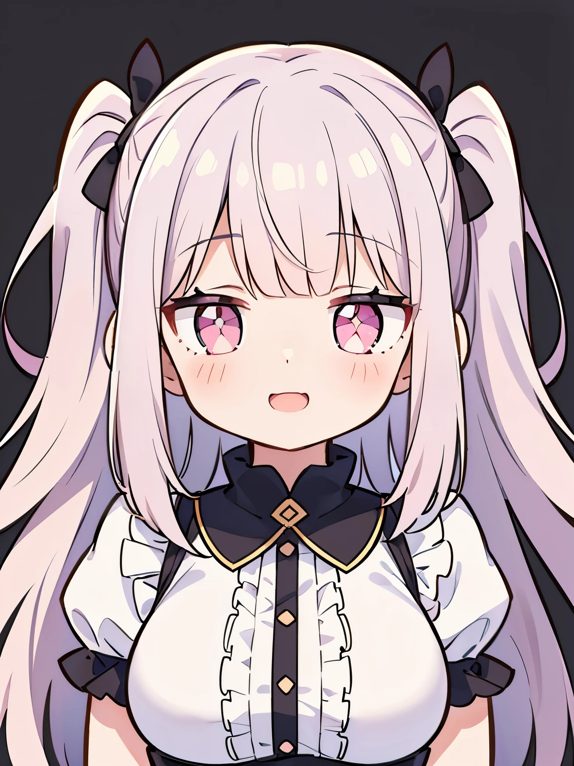 Pueros face_V1:0.24, highest quality, realistic, 8K, High resolution, 1 girl, 16 year old girl, (skin dents), (portrait), ((simple background:1.62)), full color, ((big round breasts,frills)), look straight at the viewer:1.8, (1 girl eyes looking at viewer:1.55), (Long-length hair, silver hair, two side up,straight bangs:1.45,pink eyes), (Bokeh),looking at the viewer,open mouth smile,Shining eyes,cute pose,sparkling eyes,Super high quality,dynamic pose,date situation