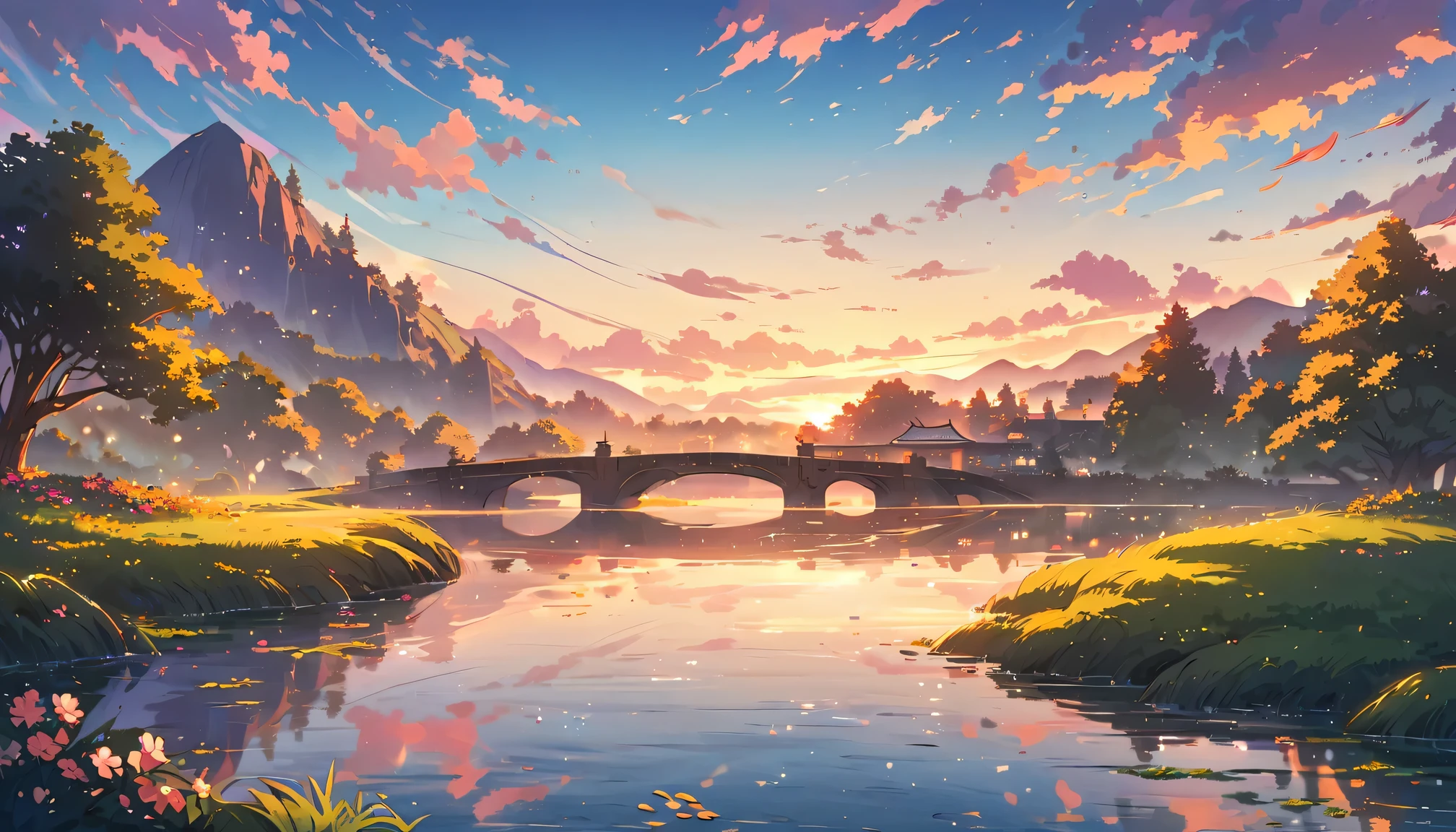 anime,landscape,pond,evening glow,natural colors,vibrant atmosphere,gentle reflections,serene ambiance,lush greenery,flowering trees,tranquil water surface,majestic hills in the distance,idyllic setting,crimson sun in the sky,soft sunlight filtering through the trees,dreamy clouds,picturesque scenery,magical atmosphere,peaceful and calm,elegant bridge over the pond,mirror-like reflections of the trees and clouds on the water surface,subtle ripples on the water created by gently swimming fish,faint sound of chirping birds in the background,whispers of a gentle breeze,feeling of harmony and tranquility,visual feast for the eyes,immersive and captivating,perfect for relaxation and meditation.