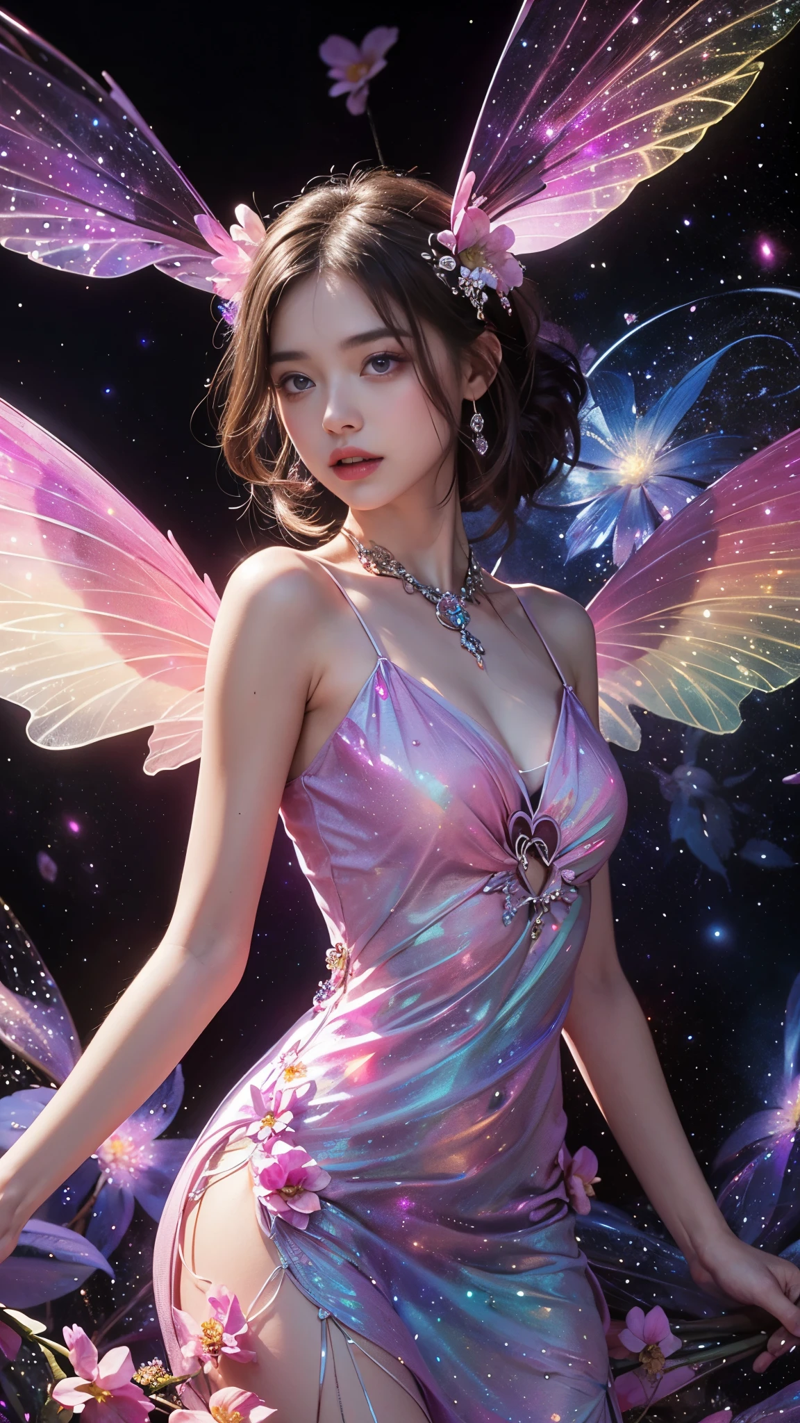 4k ultra hd, masterpiece, a girl, good face, detailed eyes, detailed lips, flower fairy girl, big wings, transparent wings, neon lights, (galaxy background:1.5), (flower dress:1.5), (magenta dress:1.4), in the heaven,