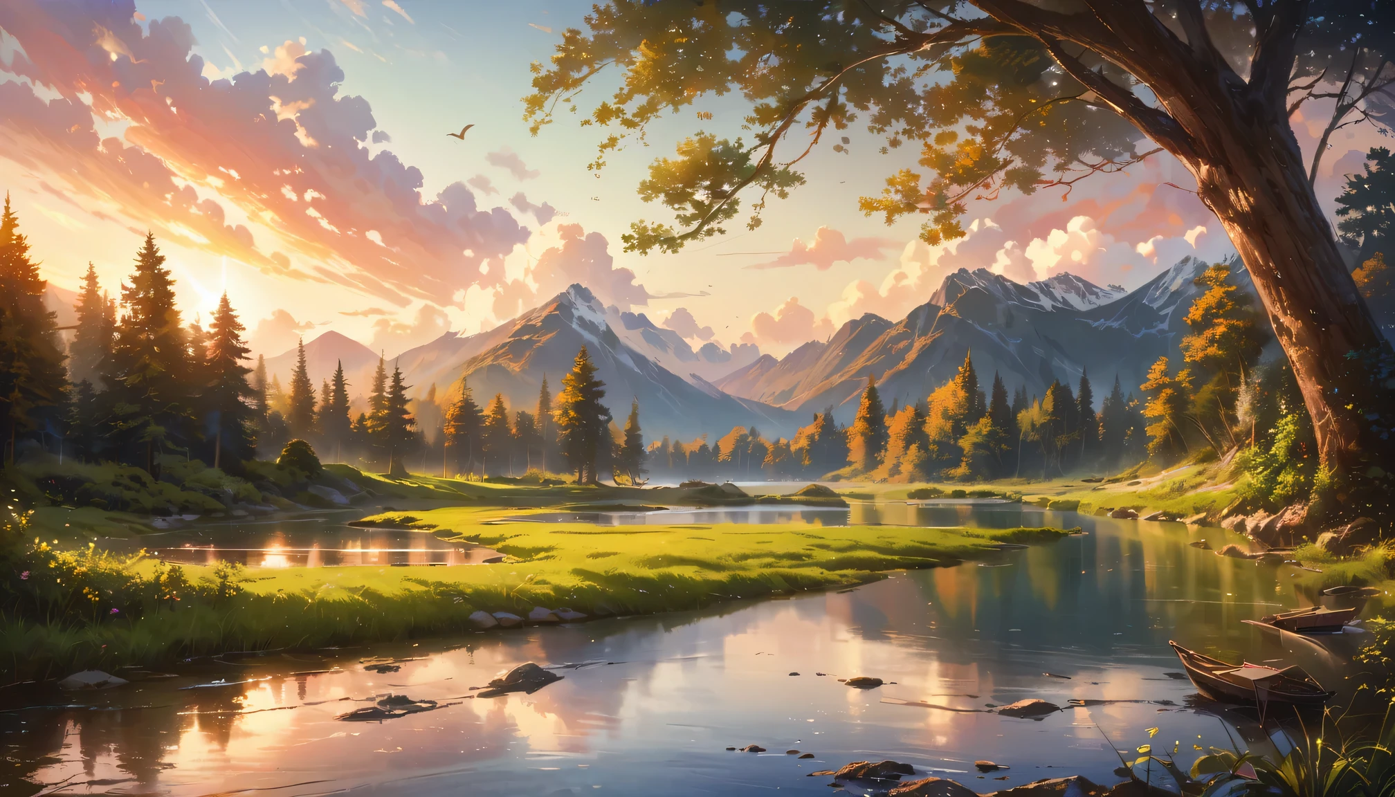 (best quality,4k,8k,highres,masterpiece:1.2),ultra-detailed,(realistic,photorealistic,photo-realistic:1.37),anime,landscape,pond,evening glow,natural colors,vibrant atmosphere,gentle reflections,serene ambiance,lush greenery,flowering trees,tranquil water surface,majestic hills in the distance,idyllic setting,crimson sun in the sky,soft sunlight filtering through the trees,dreamy clouds,picturesque scenery,magical atmosphere,peaceful and calm,elegant bridge over the pond,mirror-like reflections of the trees and clouds on the water surface,subtle ripples on the water created by gently swimming fish,faint sound of chirping birds in the background,whispers of a gentle breeze,feeling of harmony and tranquility,visual feast for the eyes,immersive and captivating,perfect for relaxation and meditation.